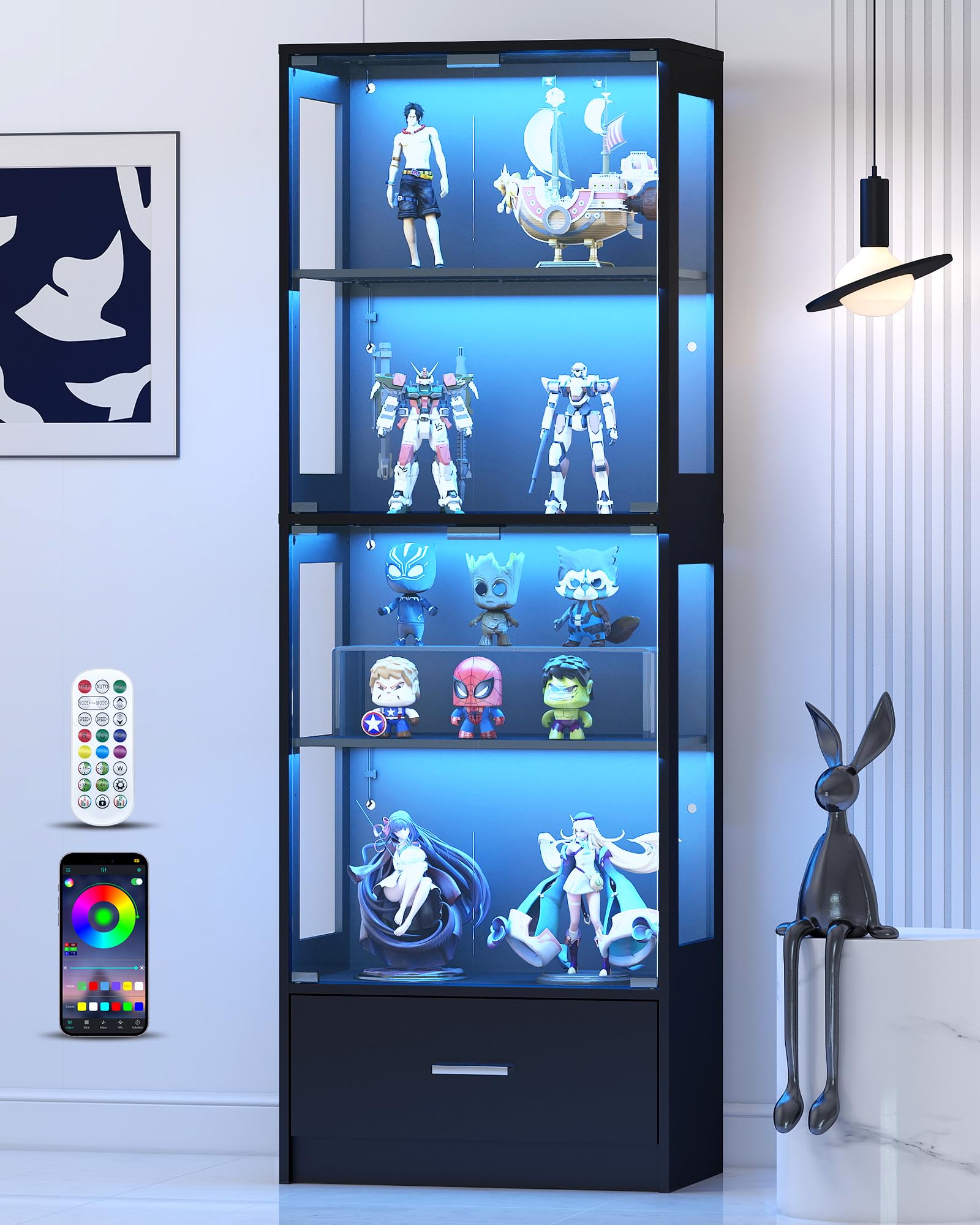 Lamtor Display Cabinet with Glass Doors - 67" Curio Cabinet for Collectibles with RGB LED Lights and 2 Drawers, 4 Tier Glass Display Case for Living Room, Office, White