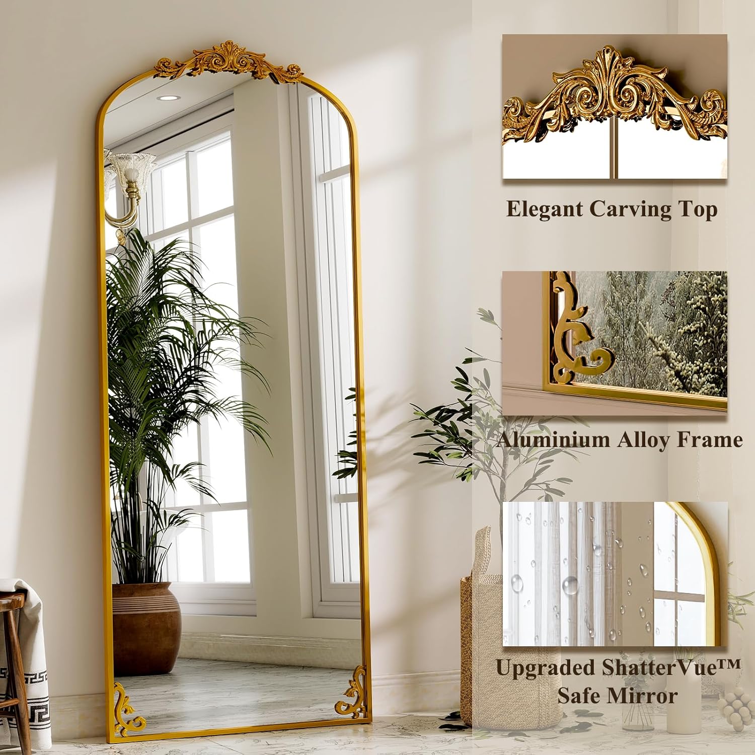 GLSLAND 56"x21" Vintage Full Length Mirror - Carved Arched Floor Standing Mirror, Baroque Full Body Mirrors for Bedroom Living Room Entryway, Gold Frame