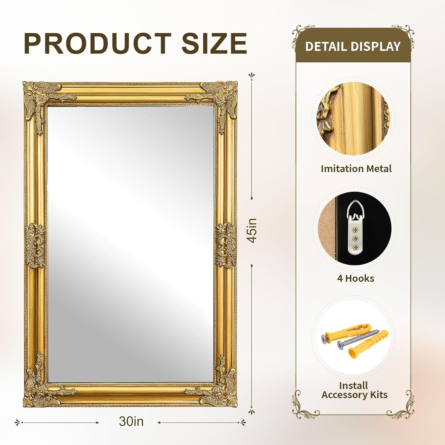 Vintage Gold Mirror for Wall, 30"x45" Antique Decorative Ornate Baroque Mirror for Living Room, Entryway, Bathroom, Fireplace