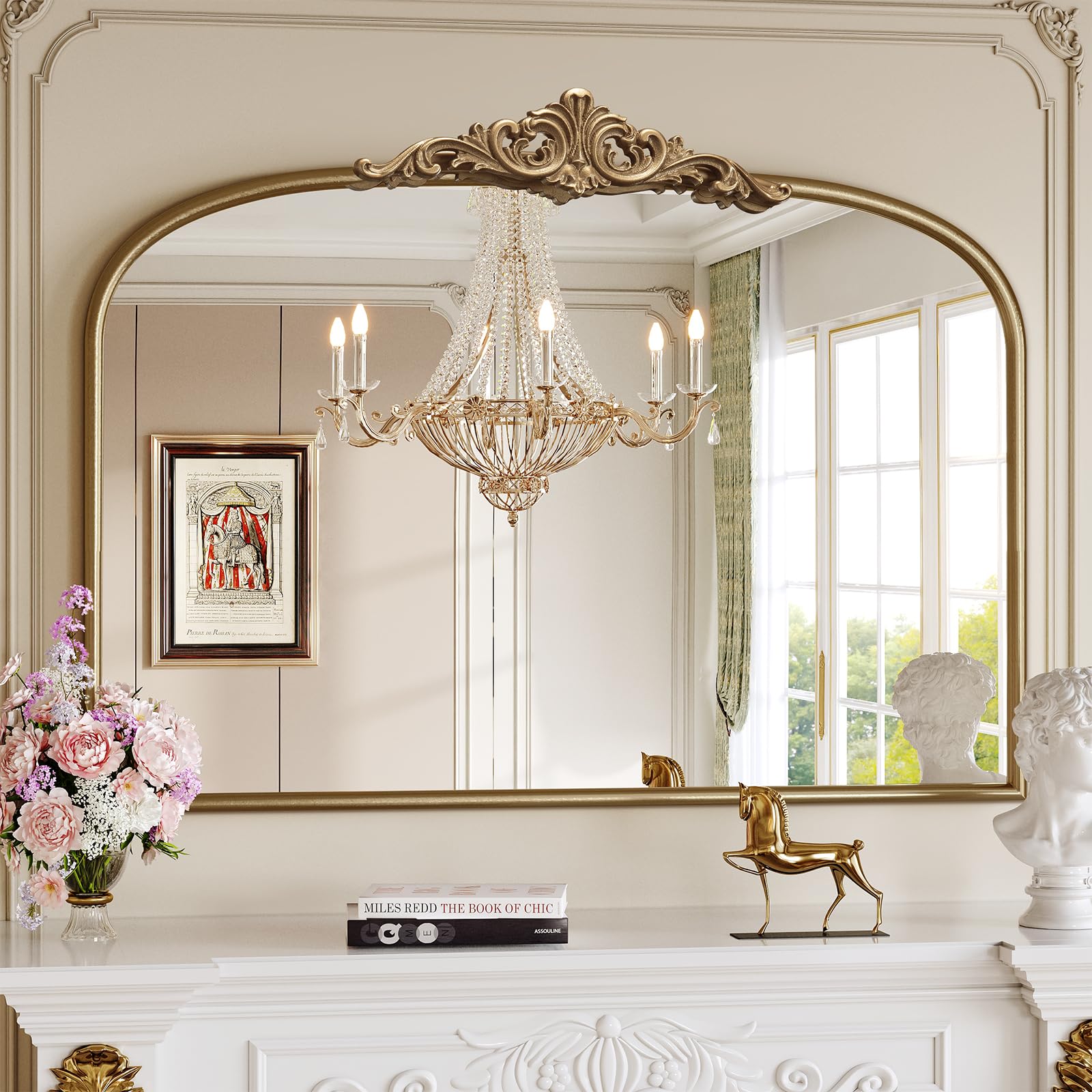 Vintage Arched Gold Wall Mirror, 24"x36" Antique Baroque Wall Mirrors, Ornate Arch Brass Mirror for Bathroom Over Sink, Bedroom, Fireplace, Entryway, Living Room, Hanging or Leaning