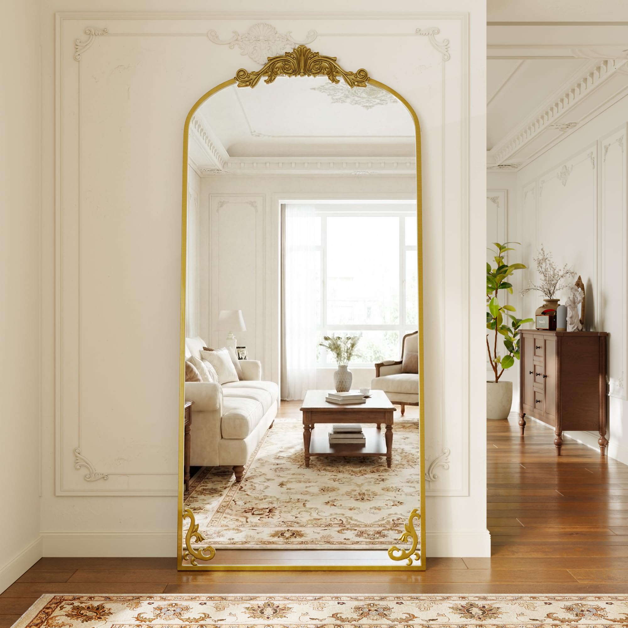 GLSLAND 56"x21" Vintage Full Length Mirror - Carved Arched Floor Standing Mirror, Baroque Full Body Mirrors for Bedroom Living Room Entryway, Gold Frame