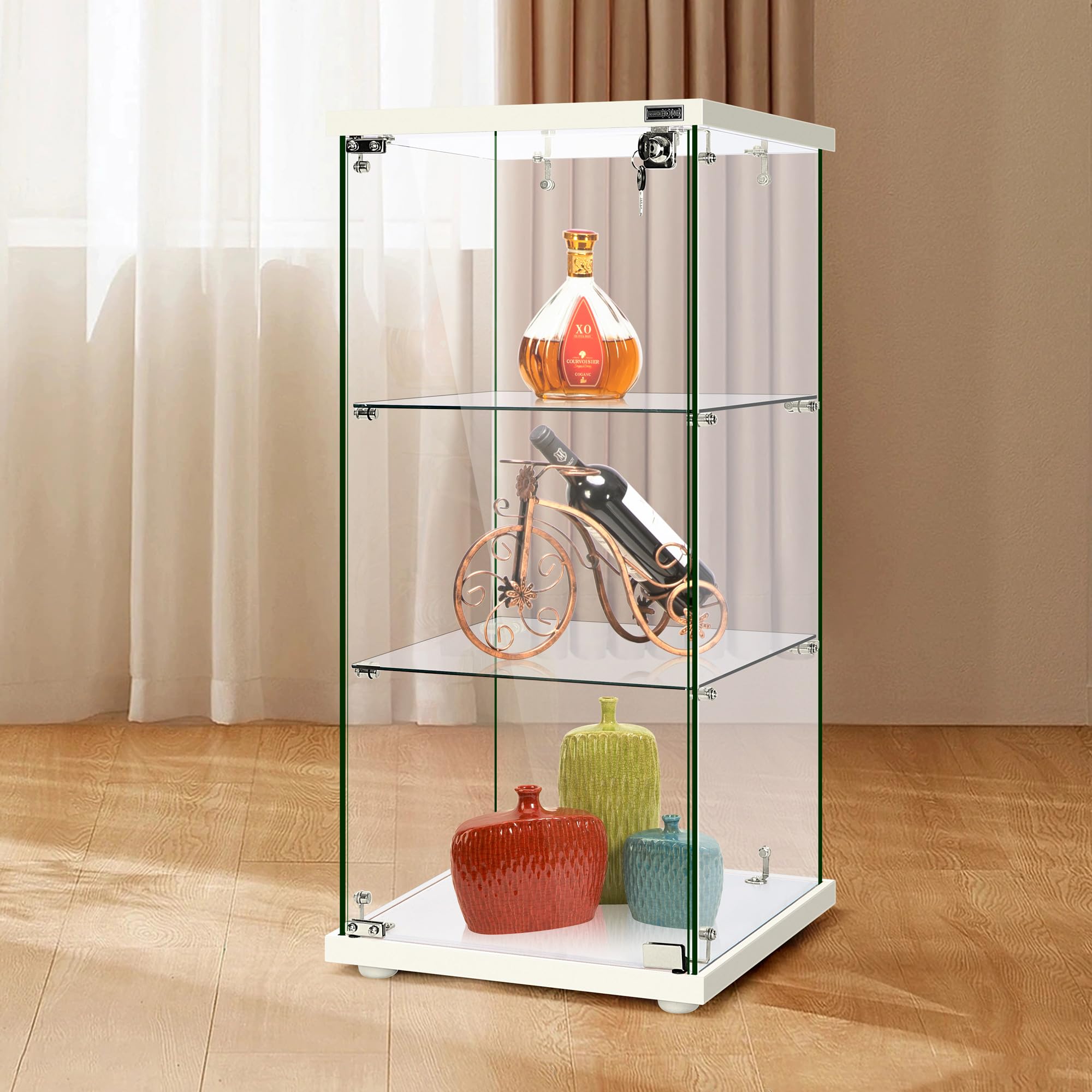 VIVOHOME 3 Layers 16''W x 16''D x 33''H Glass Display Cabinet Showcase Countertop with Lock, 4mm Tempered Glass 25mm MDF Base