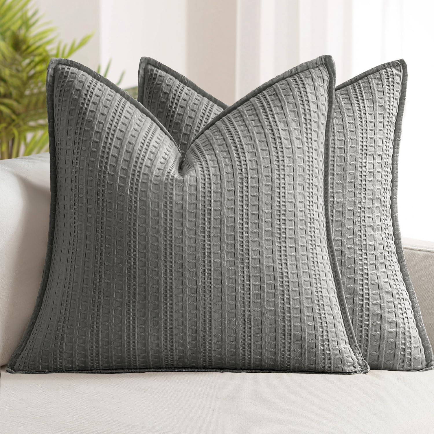 100% Cotton Waffle Pillow Shams Standard Size, 2 Pack 20x26 Decorative Pillow Covers for Bed Couch Sofa, Neutral Weave Cushion Cases Modern Farmhouse Home Decor, Brown