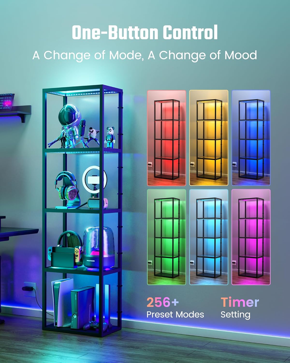 SUPERDANNY Display Cabinet with RGB Light,Curio Cabinet with Remote/App Control,Dimmable LED Floor Lamp with Shelves,Glass Display Case with Music Pick-up DIY Light Colors for Gamingroom Decor