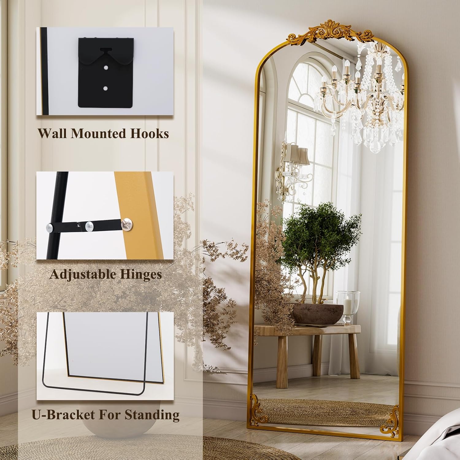 GLSLAND 56"x21" Vintage Full Length Mirror - Carved Arched Floor Standing Mirror, Baroque Full Body Mirrors for Bedroom Living Room Entryway, Gold Frame