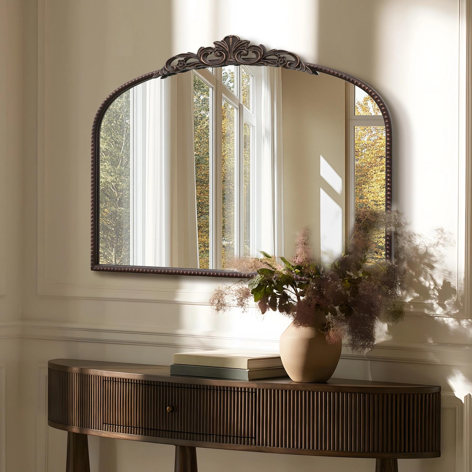 Micasso Large Bronze Vintage Mirror: 40"x29" French Baroque Antique Arched Mirror - Traditional Ornate Decorative for Wall/Fireplace/Mantel/Entryway/Bathroom/Hallway - Home Decor for Living Room