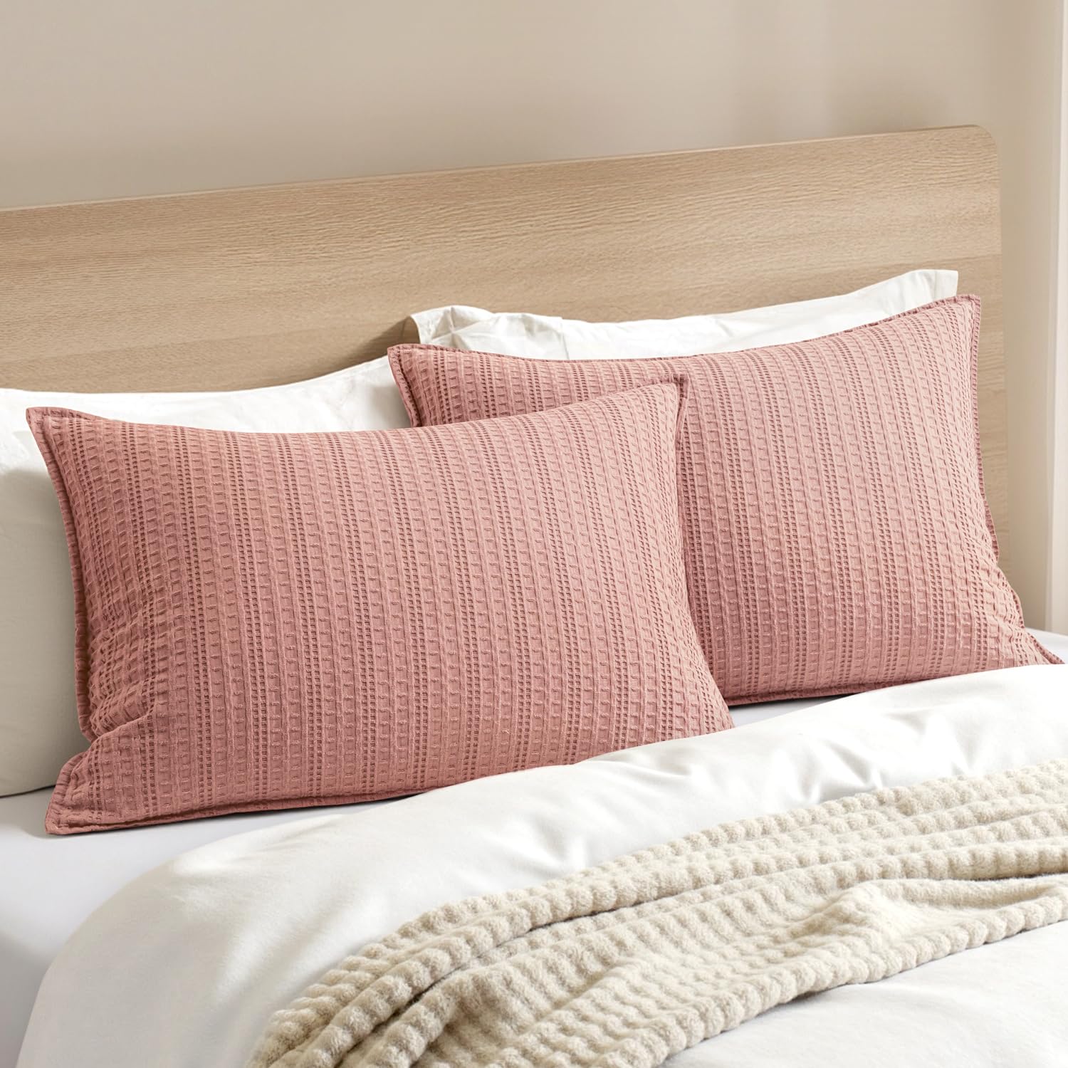 100% Cotton Waffle Pillow Shams Standard Size, 2 Pack 20x26 Decorative Pillow Covers for Bed Couch Sofa, Neutral Weave Cushion Cases Modern Farmhouse Home Decor, Brown