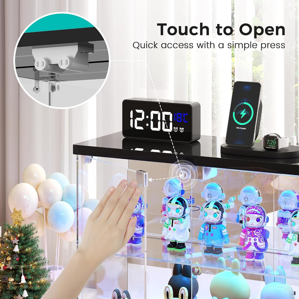 Dystler Lighted Clear Glass Display Case - for Figures & Collectibles, Small 2-Tier Display Cabinet with Charging Station, LED Display Box with Lights & Human Sensor, for Model Car, Perfume, Black