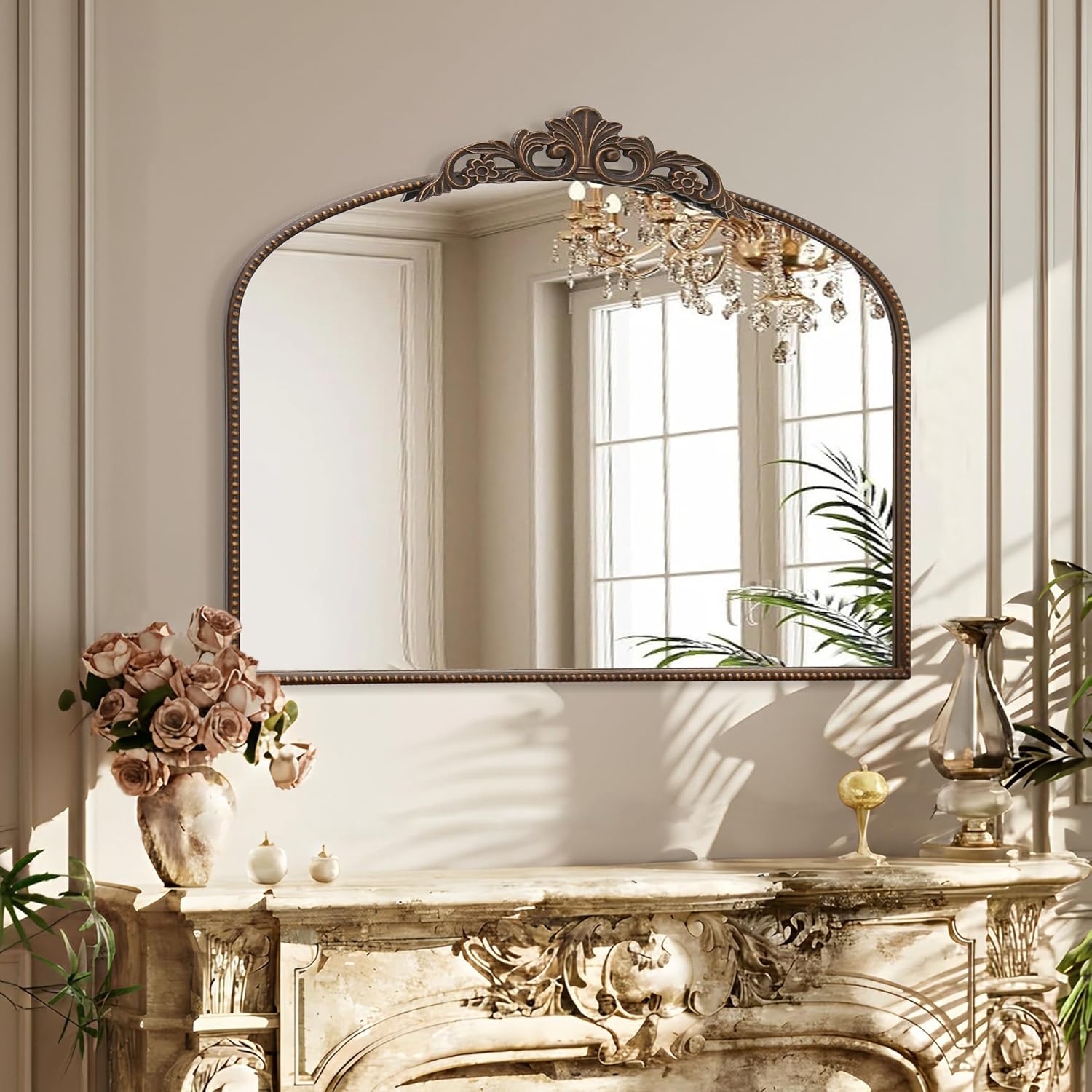 Micasso Large Bronze Vintage Mirror: 40"x29" French Baroque Antique Arched Mirror - Traditional Ornate Decorative for Wall/Fireplace/Mantel/Entryway/Bathroom/Hallway - Home Decor for Living Room