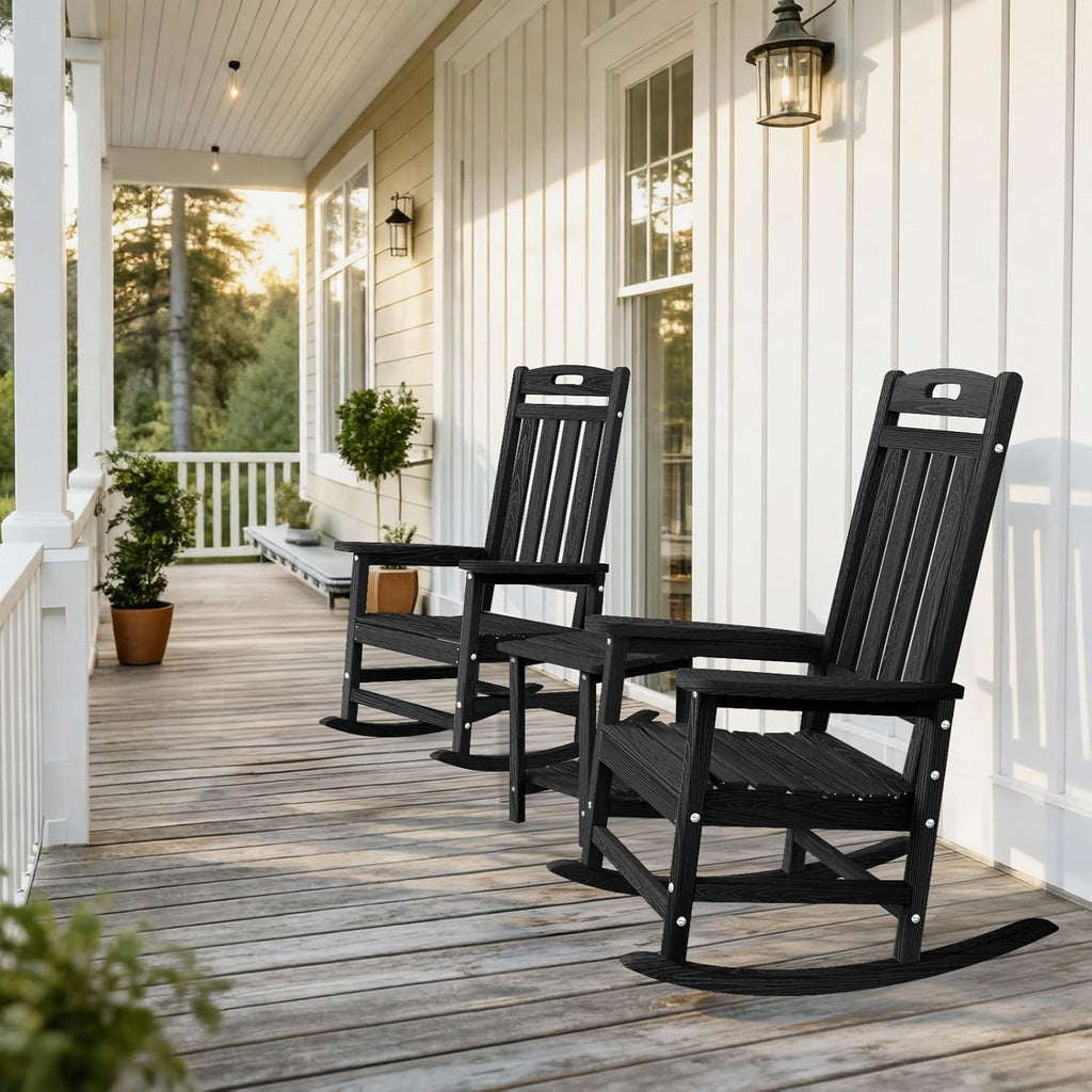 Outdoor Rocking Chair, High Back HDPE Patio Chair, All Weather Rocker Porch Chair, Lawn Chair for Deck, Porch, Backyard, Garden and Indoor, Black