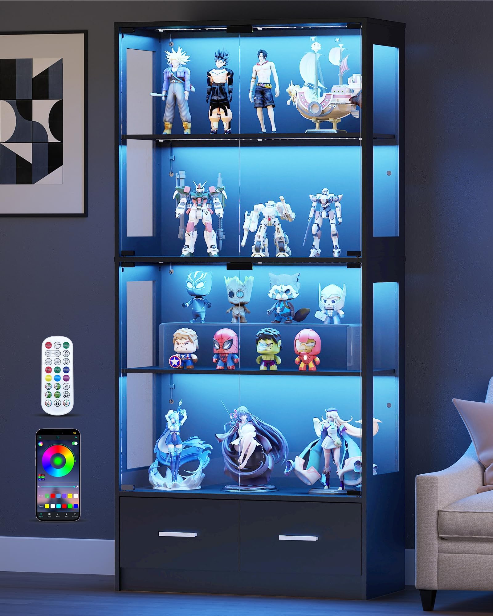 Lamtor Display Cabinet with Glass Doors - 67" Curio Cabinet for Collectibles with RGB LED Lights and 2 Drawers, 4 Tier Glass Display Case for Living Room, Office, White