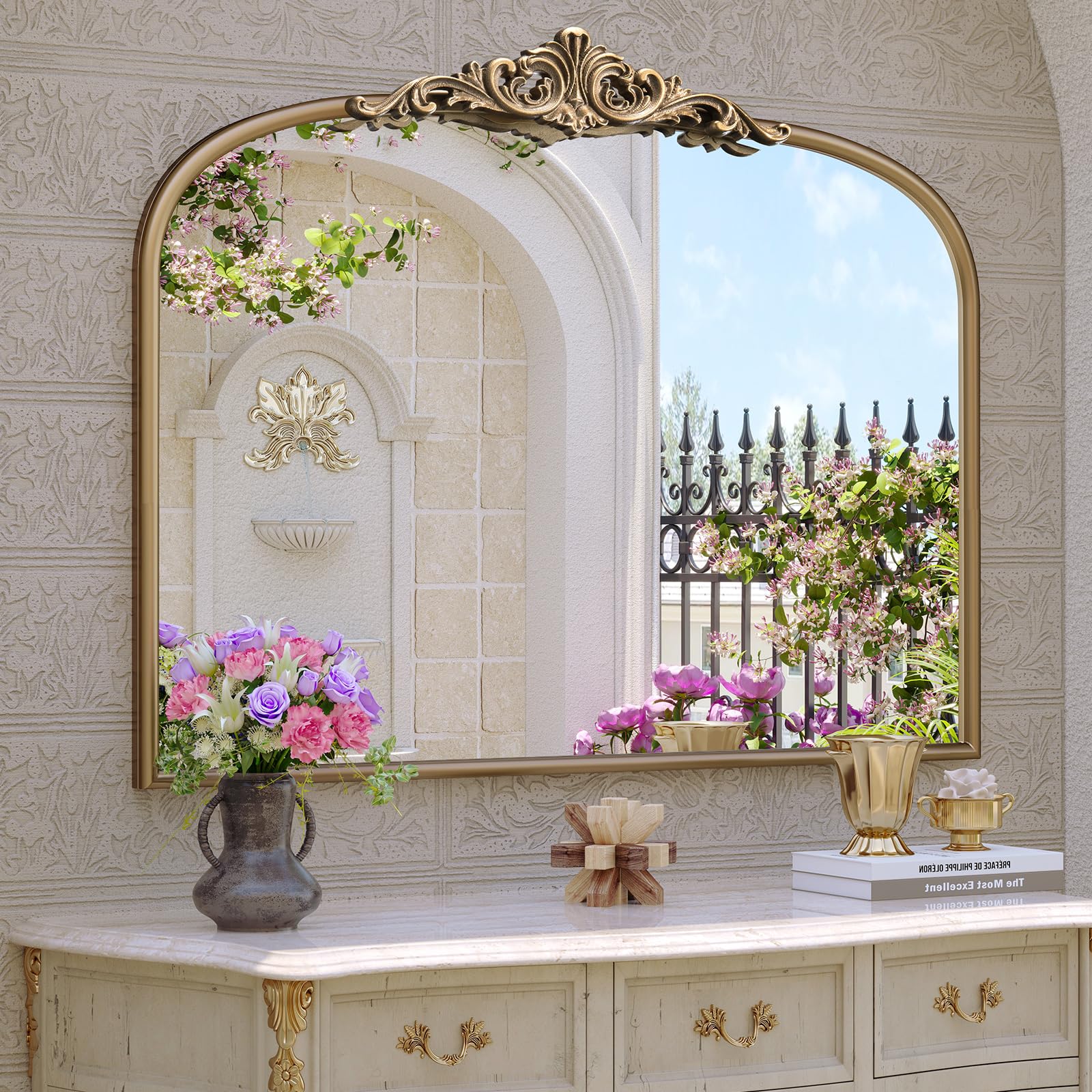 Vintage Arched Gold Wall Mirror, 24"x36" Antique Baroque Wall Mirrors, Ornate Arch Brass Mirror for Bathroom Over Sink, Bedroom, Fireplace, Entryway, Living Room, Hanging or Leaning