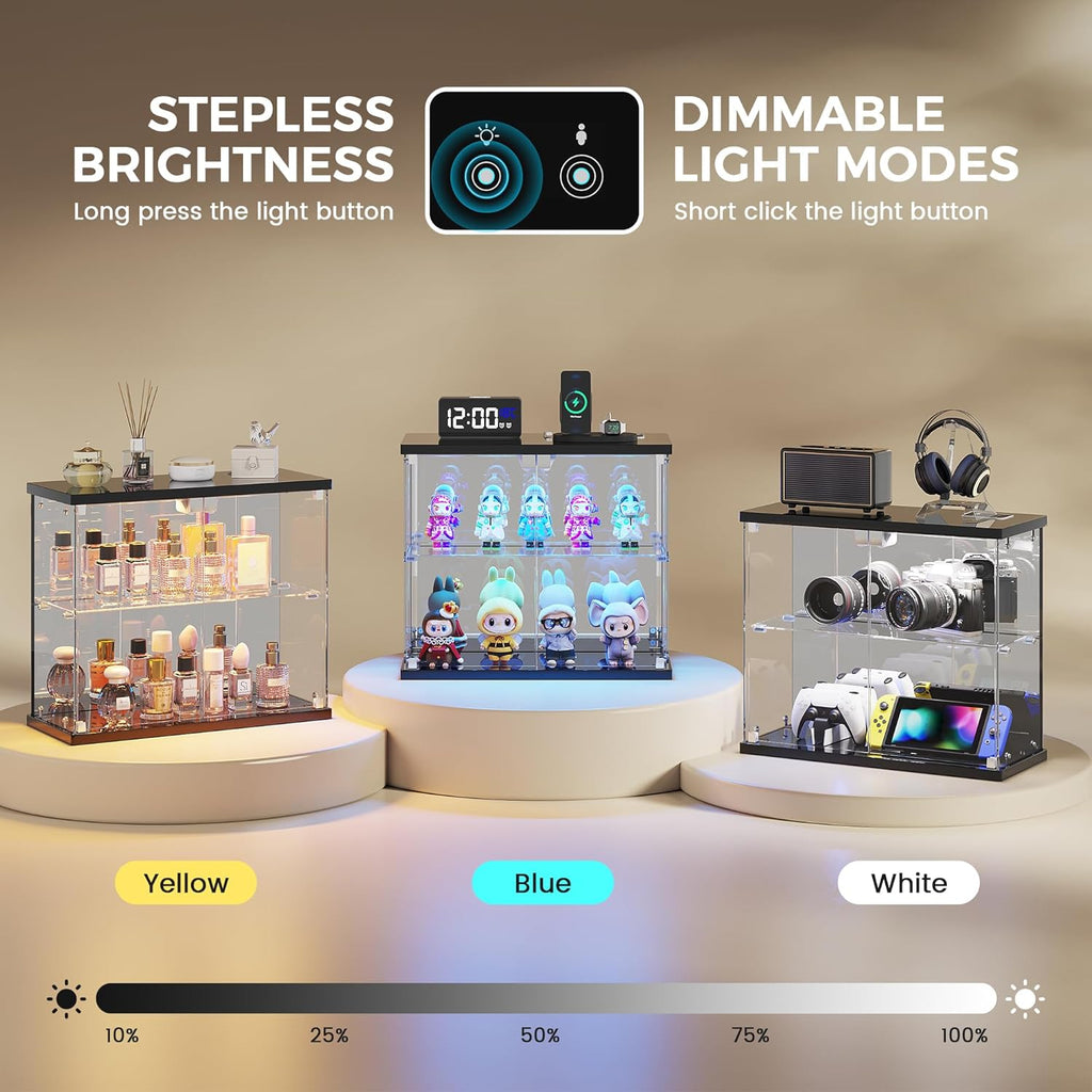 Dystler Lighted Clear Glass Display Case - for Figures & Collectibles, Small 2-Tier Display Cabinet with Charging Station, LED Display Box with Lights & Human Sensor, for Model Car, Perfume, Black