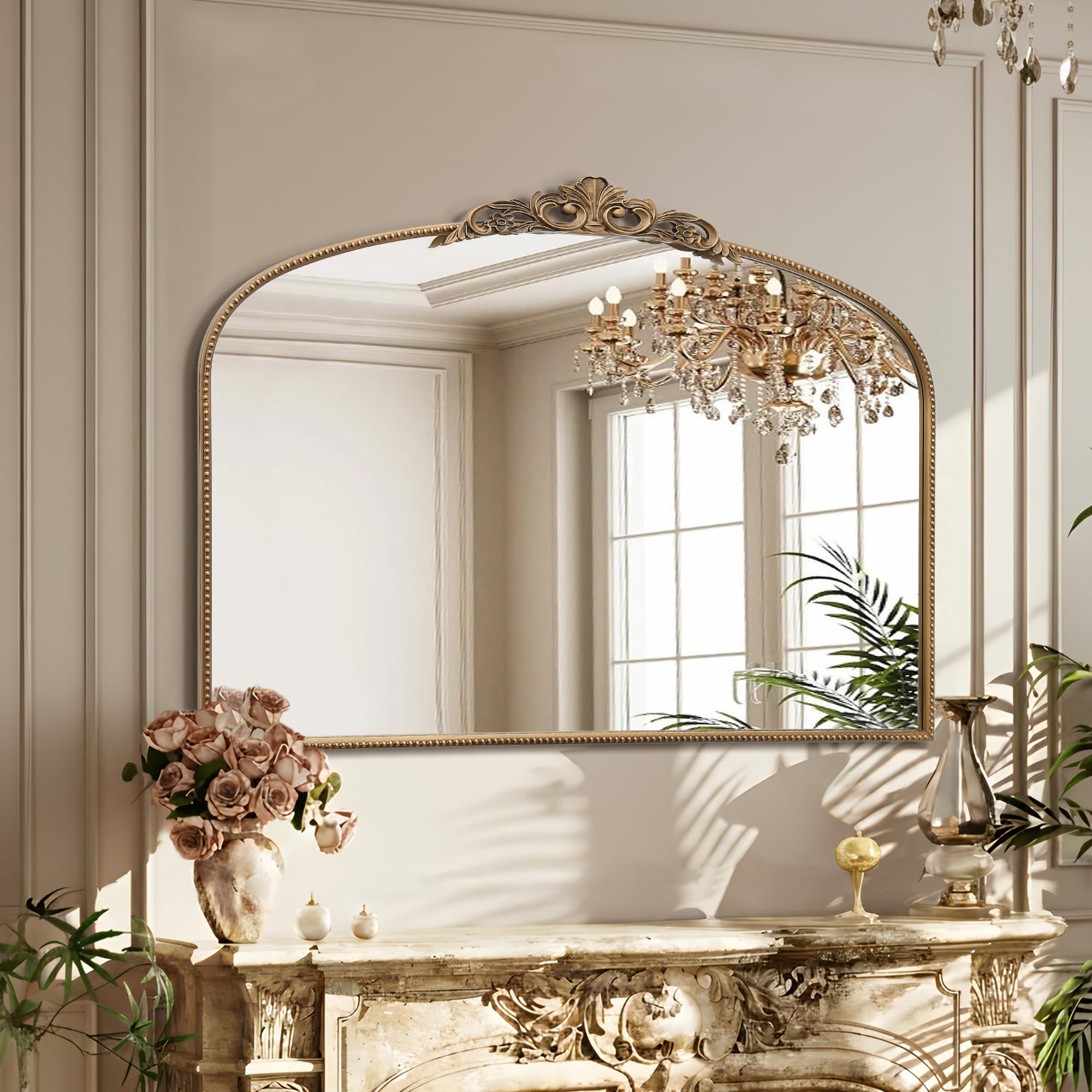 Micasso Large Bronze Vintage Mirror: 40"x29" French Baroque Antique Arched Mirror - Traditional Ornate Decorative for Wall/Fireplace/Mantel/Entryway/Bathroom/Hallway - Home Decor for Living Room