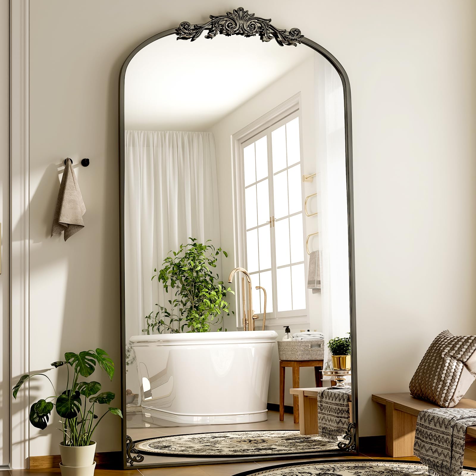 GLSLAND 56"x21" Vintage Full Length Mirror - Carved Arched Floor Standing Mirror, Baroque Full Body Mirrors for Bedroom Living Room Entryway, Gold Frame