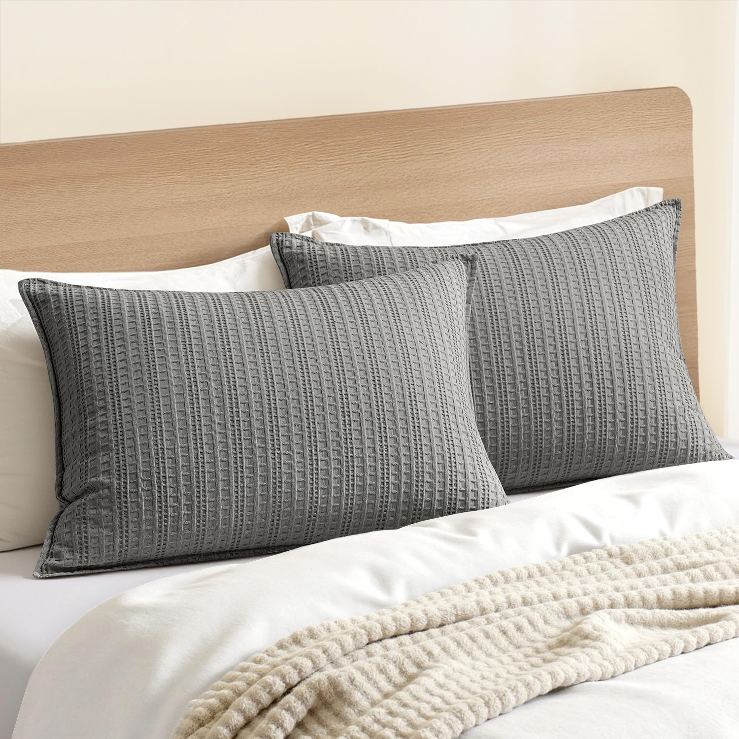 100% Cotton Waffle Pillow Shams Standard Size, 2 Pack 20x26 Decorative Pillow Covers for Bed Couch Sofa, Neutral Weave Cushion Cases Modern Farmhouse Home Decor, Brown