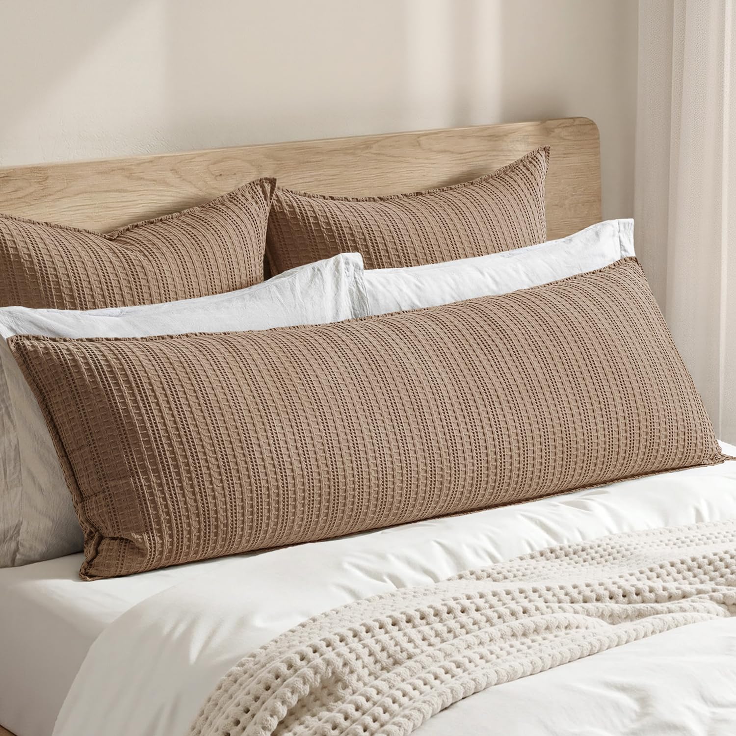 100% Cotton Waffle Pillow Shams Standard Size, 2 Pack 20x26 Decorative Pillow Covers for Bed Couch Sofa, Neutral Weave Cushion Cases Modern Farmhouse Home Decor, Brown