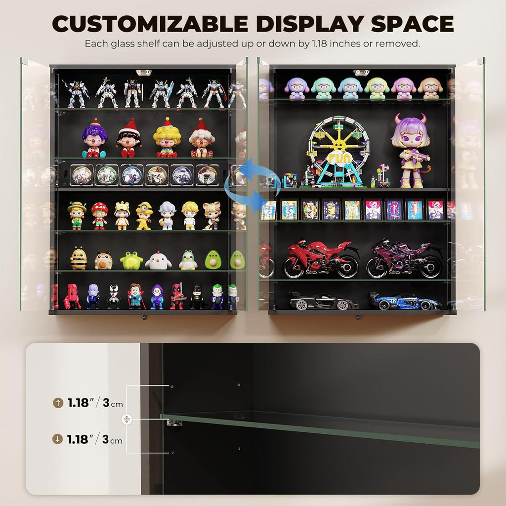 6-Tier Wall Display Case with Glass Doors, LED Sports Card Display Case with Adjustable Glass Shelves, Shot Glass Display Case for Collectibles, Display Cabinet for Trading Cards, Black
