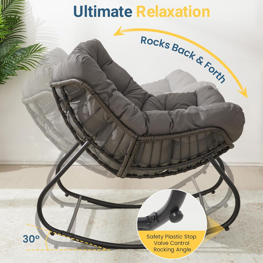 Wisteria Lane Patio Rocking Chair with Ottoman, Outdoor Indoor Rocking Egg Chair with Cushions, Metal Lounge Chair Oversized Papasan Chair, Outdoor Wicker Reading Chair for Porch Garden, Dark Grey
