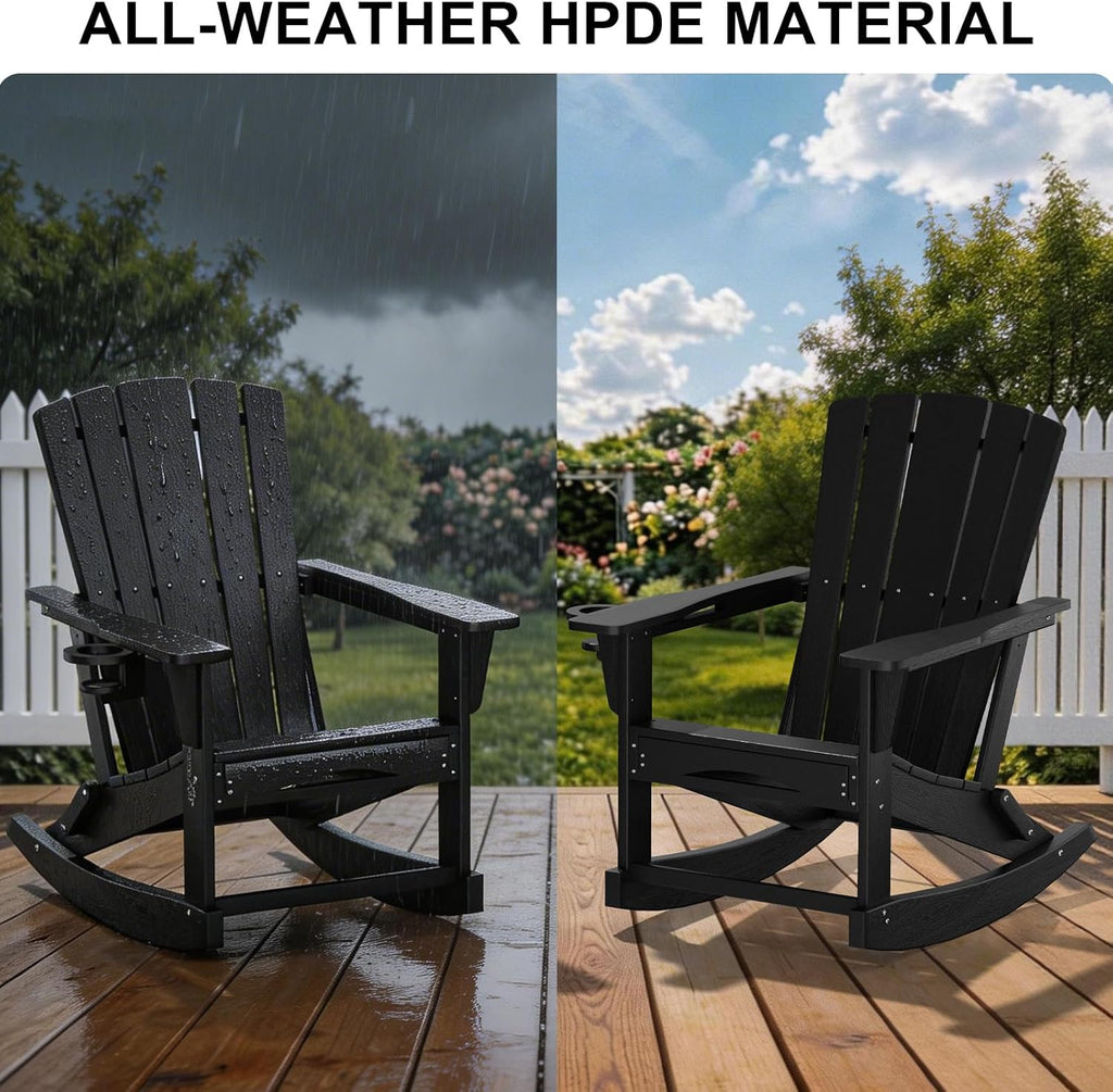 Adirondack Rocking Chair with Retractable Ottoman,Outdoor Folding Adirondack Chair with Cup Holder,HDPE All-Weather Patio Lounge Chair for Porch,Lawn, Poolside, Black