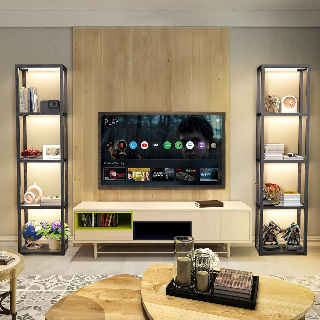 OUTON 67" Glass Display Shelf with Dimmable LED Floor Lamp, Collectibles Display Cabinet with Remote & App Control, 5 Tier Open Bookshelf Lamp for Living Room, Bedroom, Office, Home Decor, Black