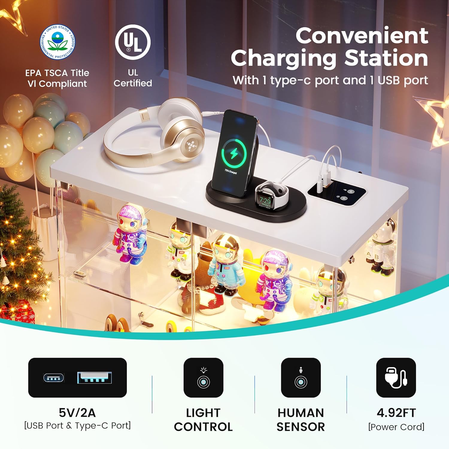 Dystler Lighted Clear Glass Display Case - for Figures & Collectibles, Small 2-Tier Display Cabinet with Charging Station, LED Display Box with Lights & Human Sensor, for Model Car, Perfume, White