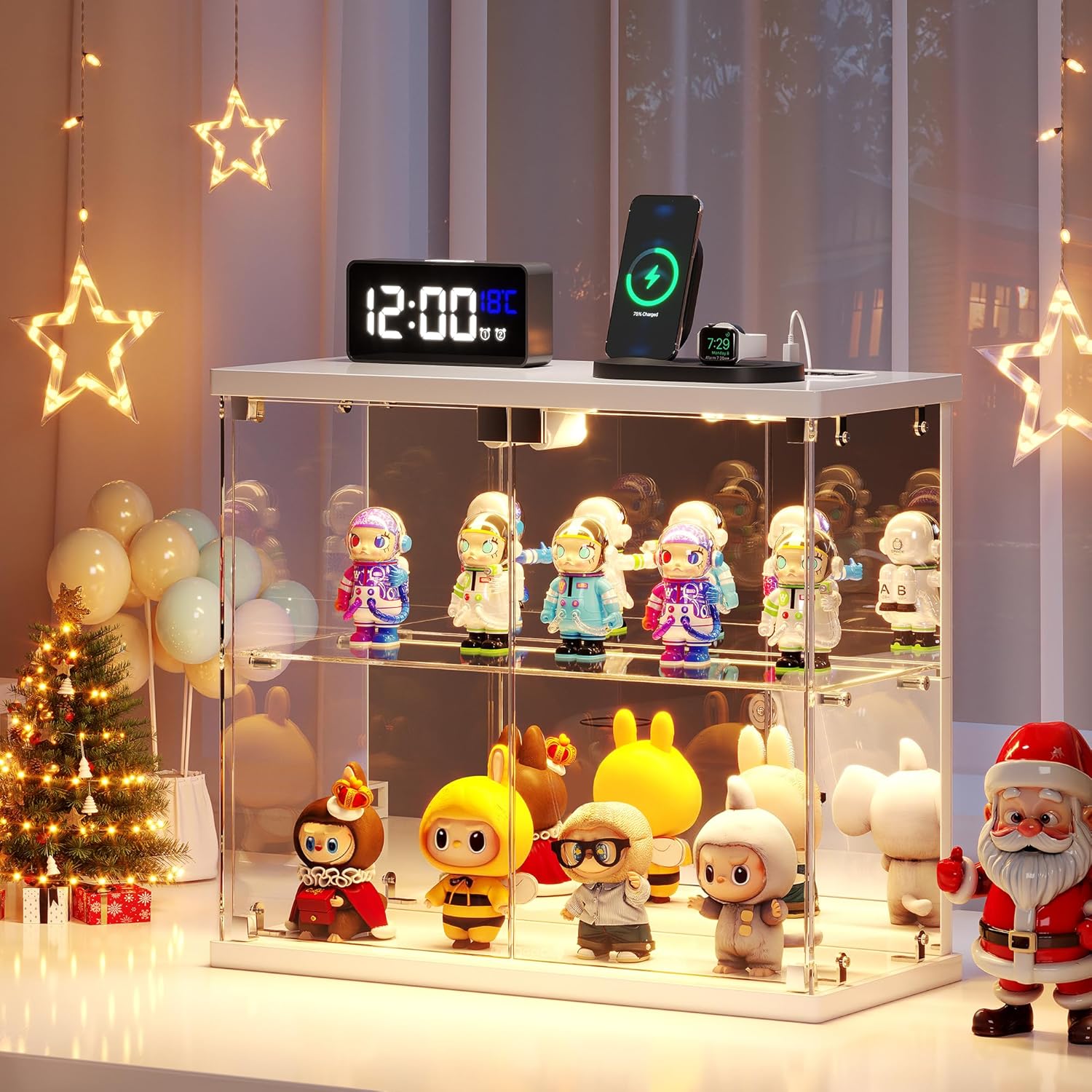 Dystler Lighted Clear Glass Display Case - for Figures & Collectibles, Small 2-Tier Display Cabinet with Charging Station, LED Display Box with Lights & Human Sensor, for Model Car, Perfume, White