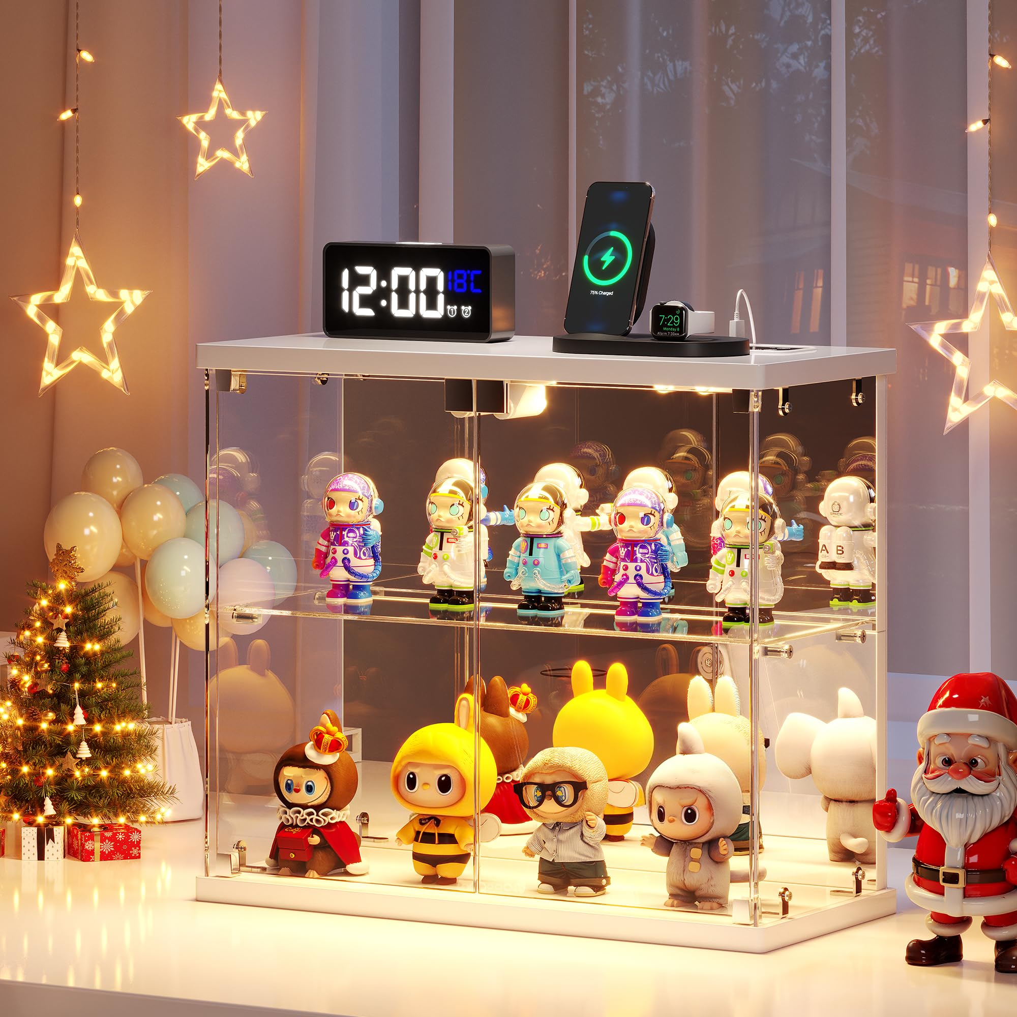 Dystler Lighted Clear Glass Display Case - for Figures & Collectibles, Small 2-Tier Display Cabinet with Charging Station, LED Display Box with Lights & Human Sensor, for Model Car, Perfume, Black