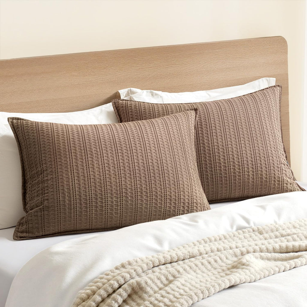 100% Cotton Waffle Pillow Shams Standard Size, 2 Pack 20x26 Decorative Pillow Covers for Bed Couch Sofa, Neutral Weave Cushion Cases Modern Farmhouse Home Decor, Brown