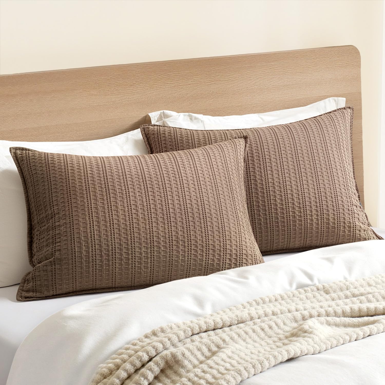 100% Cotton Waffle Pillow Shams Standard Size, 2 Pack 20x26 Decorative Pillow Covers for Bed Couch Sofa, Neutral Weave Cushion Cases Modern Farmhouse Home Decor, Brown