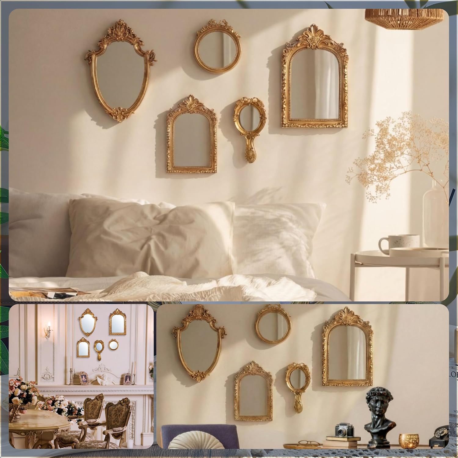 5 Pcs Vintage Gold Mirror Luxury Set Small Gold Mirrors Vintage Gallery Wall Mirror Hanging Antique Art Decor for Wall Living Room Entryway Assorted Sizes(Classic Style,13in/8in/7in/4in)