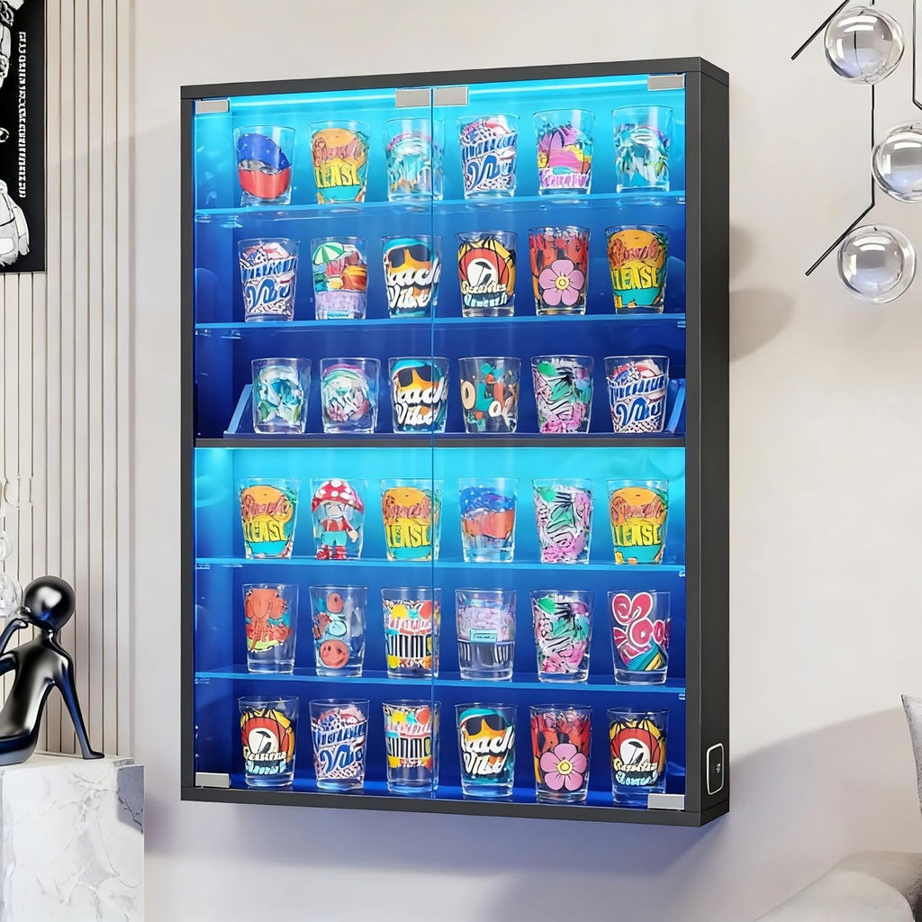 6-Tier Wall Display Case with Glass Doors, LED Sports Card Display Case with Adjustable Glass Shelves, Shot Glass Display Case for Collectibles, Display Cabinet for Trading Cards, Black