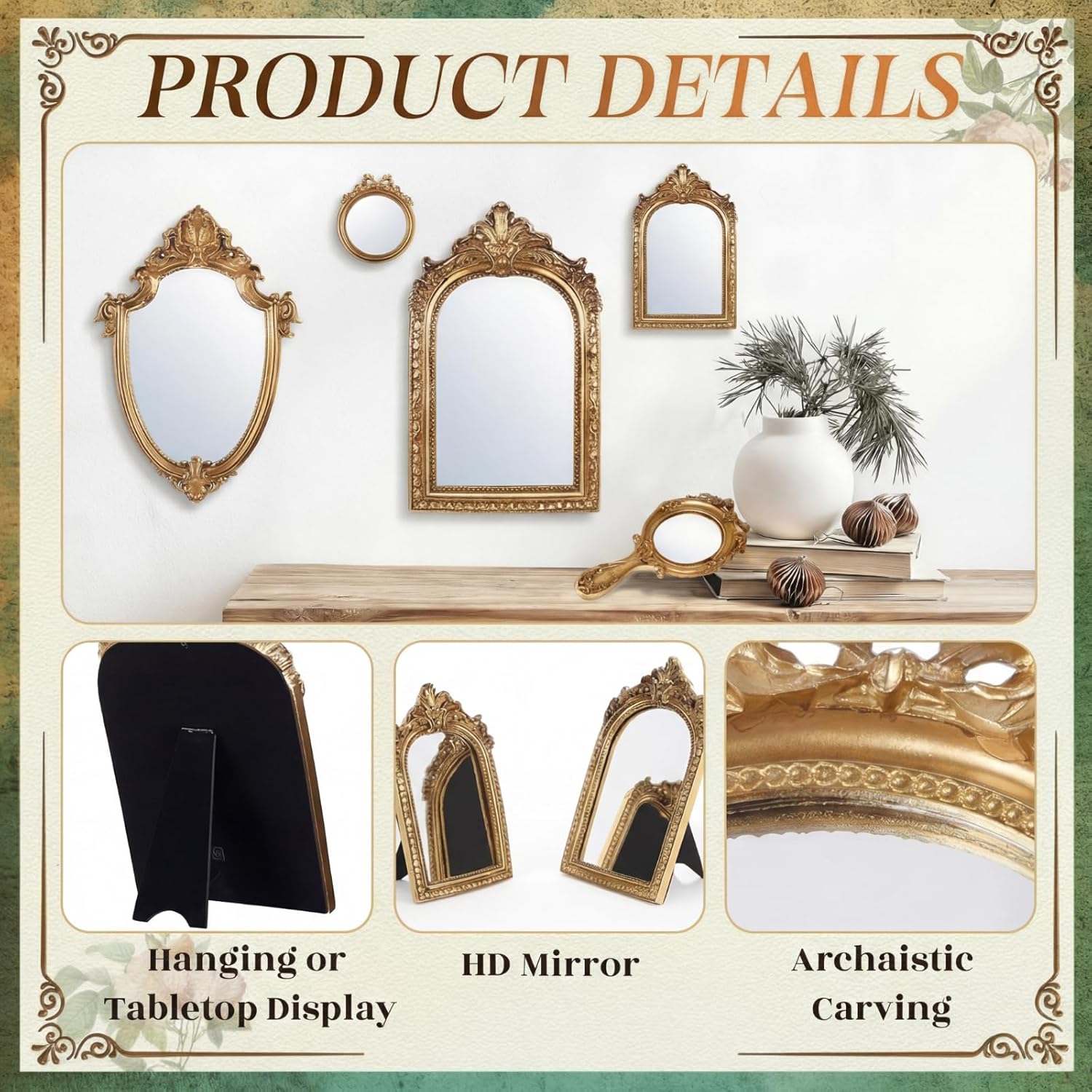 5 Pcs Vintage Gold Mirror Luxury Set Small Gold Mirrors Vintage Gallery Wall Mirror Hanging Antique Art Decor for Wall Living Room Entryway Assorted Sizes(Classic Style,13in/8in/7in/4in)