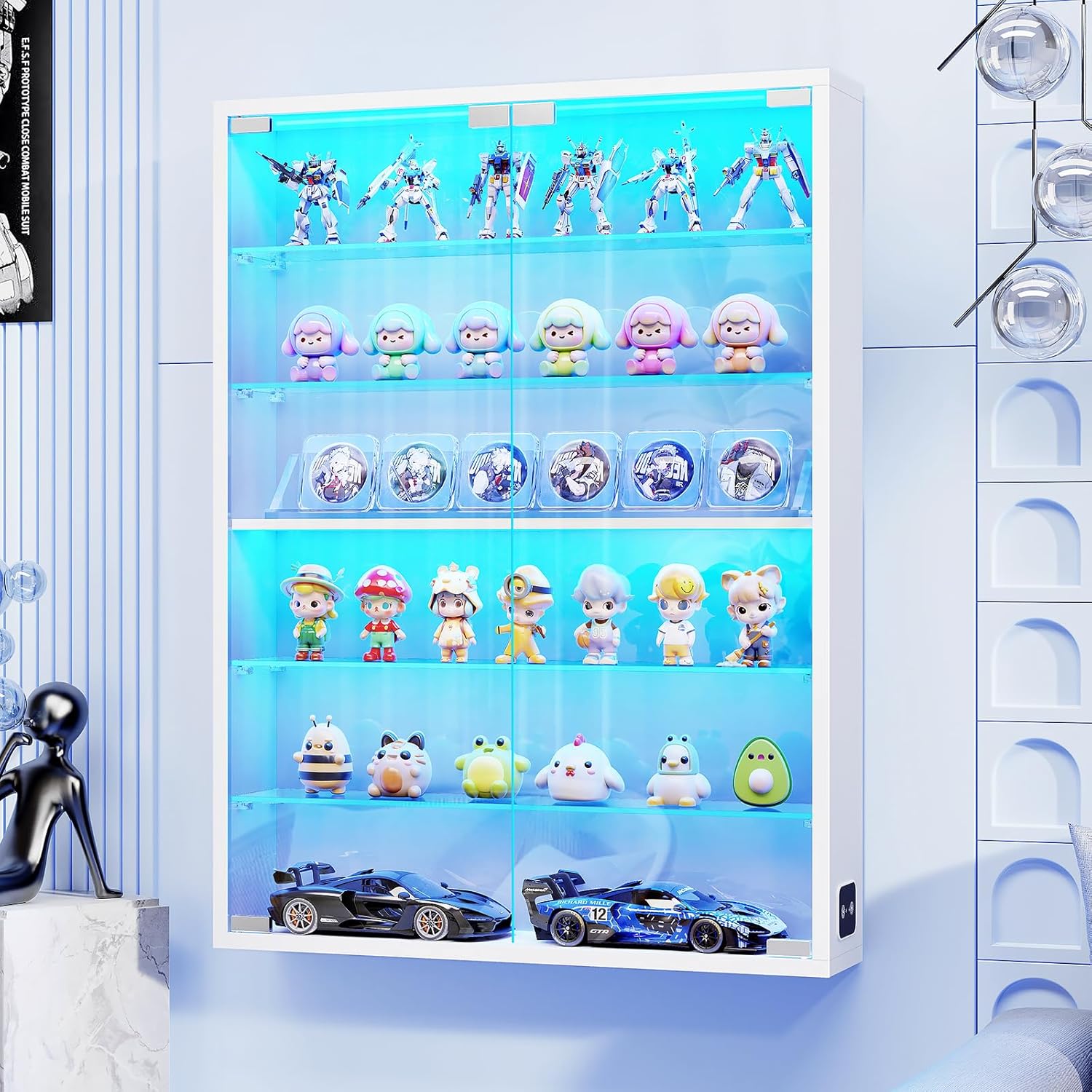 White 6-Tier LED Display Cabinet with Glass Doors & Adjustable Shelves for Collectibles