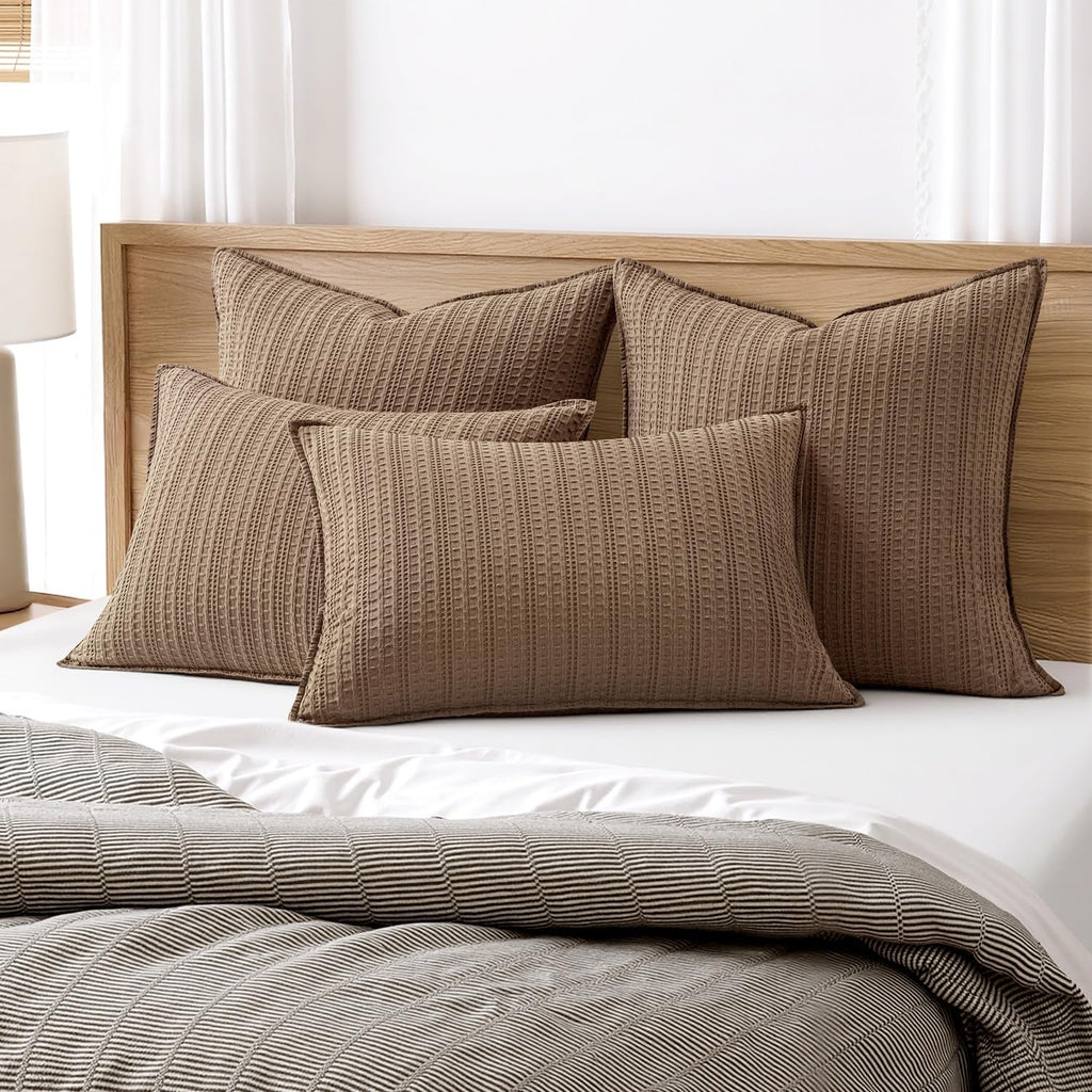100% Cotton Waffle Pillow Shams Standard Size, 2 Pack 20x26 Decorative Pillow Covers for Bed Couch Sofa, Neutral Weave Cushion Cases Modern Farmhouse Home Decor, Brown