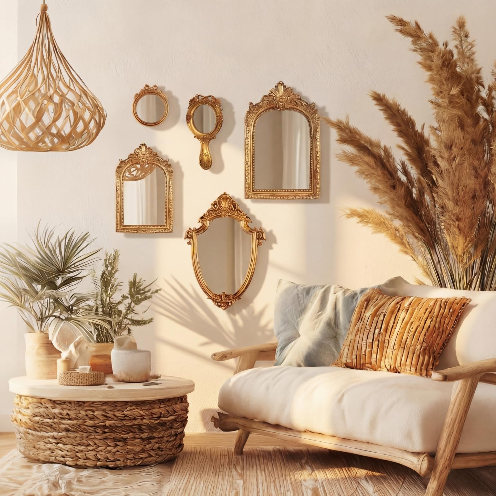 5 Pcs Vintage Gold Mirror Luxury Set Small Gold Mirrors Vintage Gallery Wall Mirror Hanging Antique Art Decor for Wall Living Room Entryway Assorted Sizes(Classic Style,13in/8in/7in/4in)