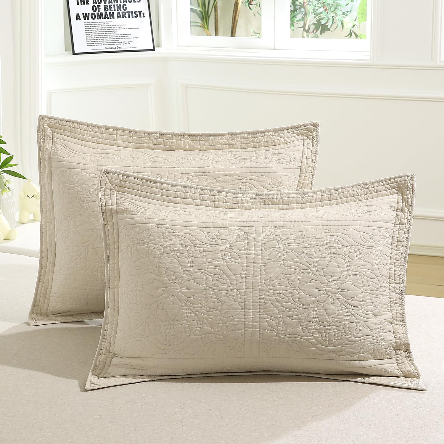 WINLIFE 100% Cotton Quilted Pillow Sham Floral Printed Pillow Cover White