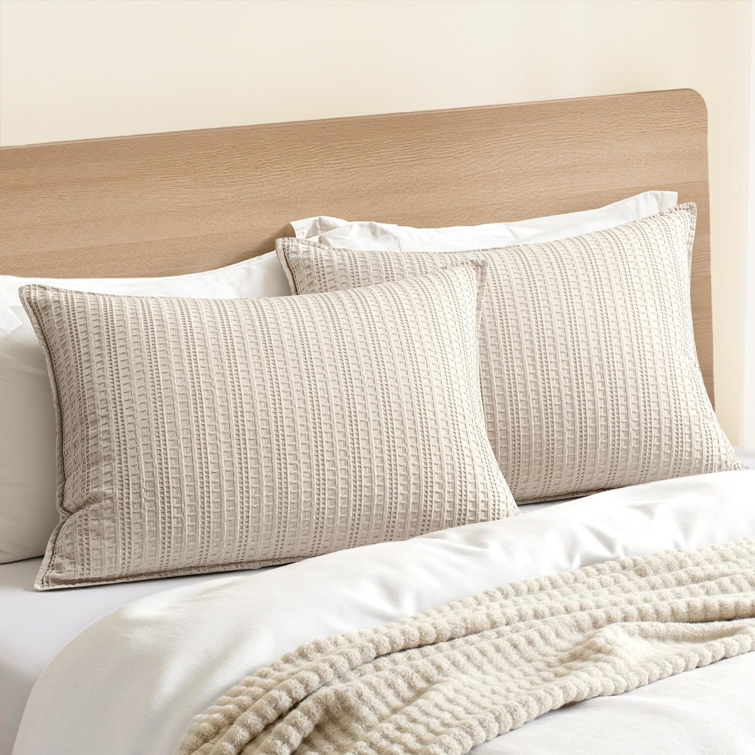 100% Cotton Waffle Pillow Shams Standard Size, 2 Pack 20x26 Decorative Pillow Covers for Bed Couch Sofa, Neutral Weave Cushion Cases Modern Farmhouse Home Decor, Brown