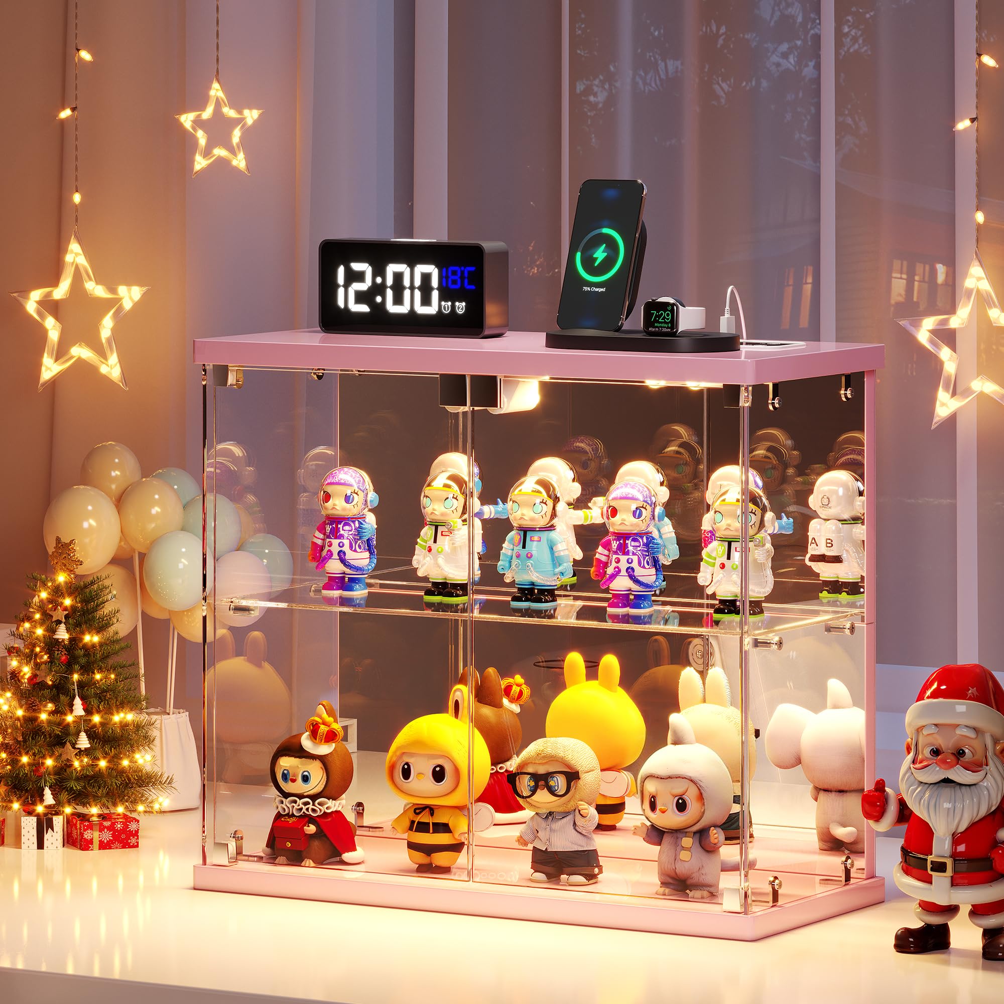 Dystler Lighted Clear Glass Display Case - for Figures & Collectibles, Small 2-Tier Display Cabinet with Charging Station, LED Display Box with Lights & Human Sensor, for Model Car, Perfume, Black