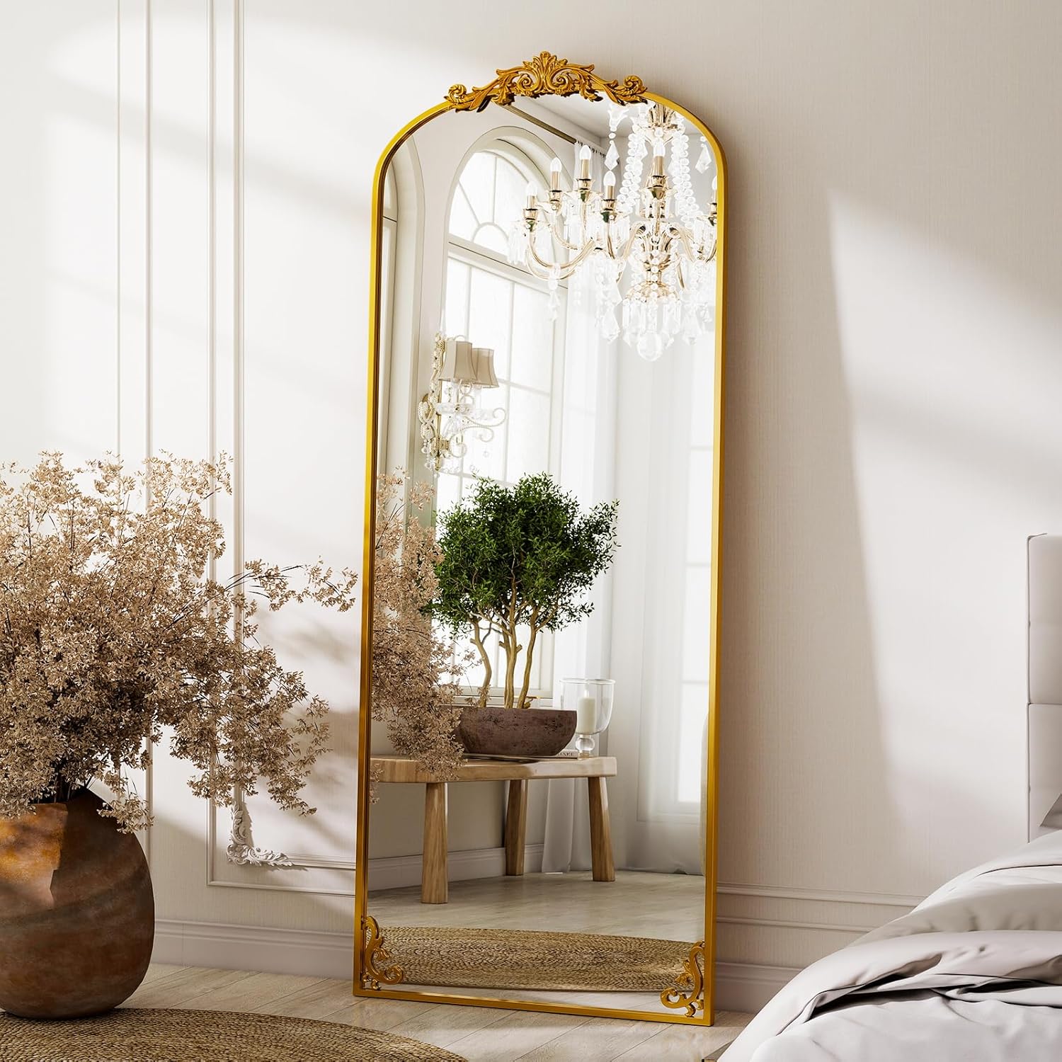 GLSLAND 56"x21" Vintage Full Length Mirror - Carved Arched Floor Standing Mirror, Baroque Full Body Mirrors for Bedroom Living Room Entryway, Gold Frame