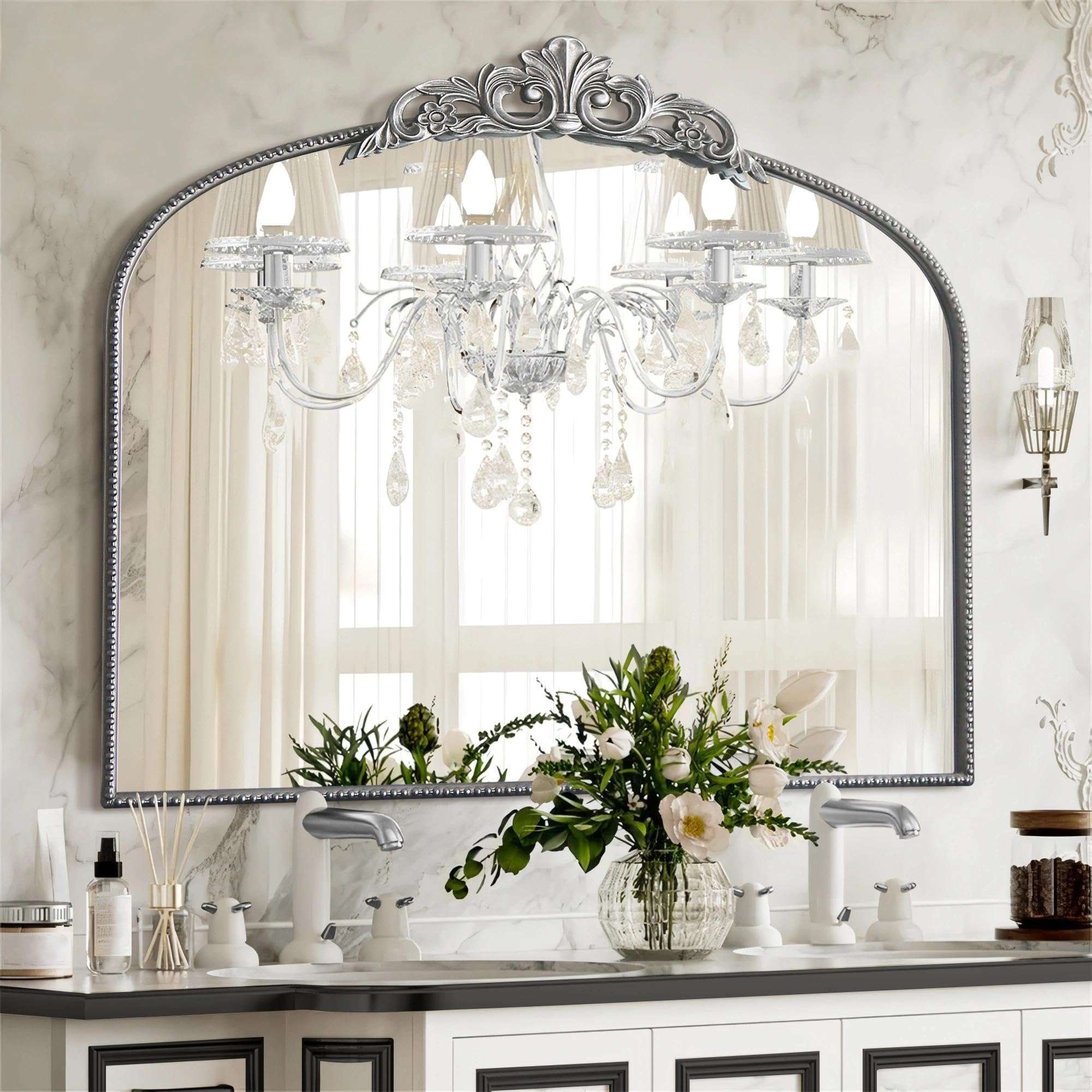 Micasso Large Bronze Vintage Mirror: 40"x29" French Baroque Antique Arched Mirror - Traditional Ornate Decorative for Wall/Fireplace/Mantel/Entryway/Bathroom/Hallway - Home Decor for Living Room