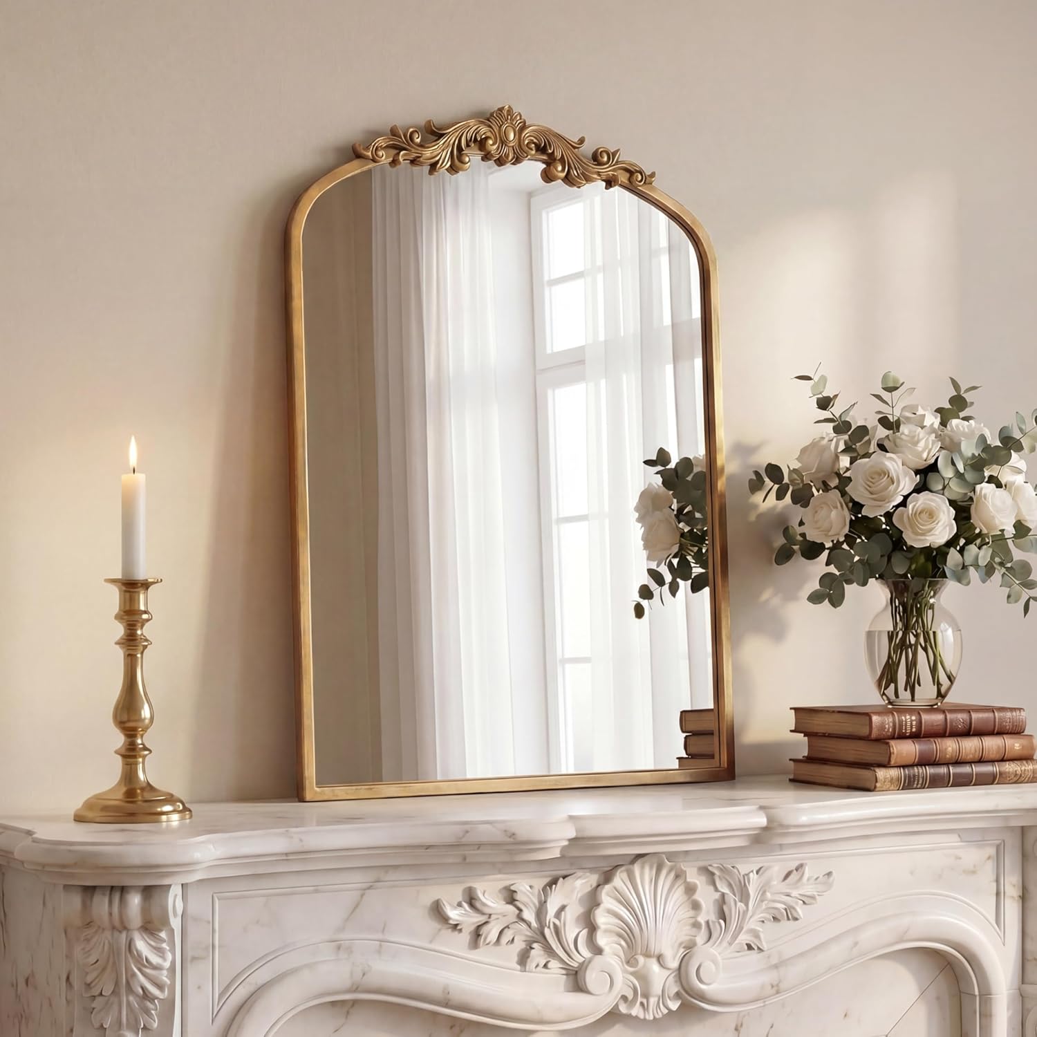 PERFNIQUE Vintage Mirror, 30" X 19" Arched Antique Baroque Mirror, Gold Traditional Wall Decor, Ornate Decor Anthro Look Alike Decor for Bathroom Living Room Fireplace Entryway Mantle Hallway