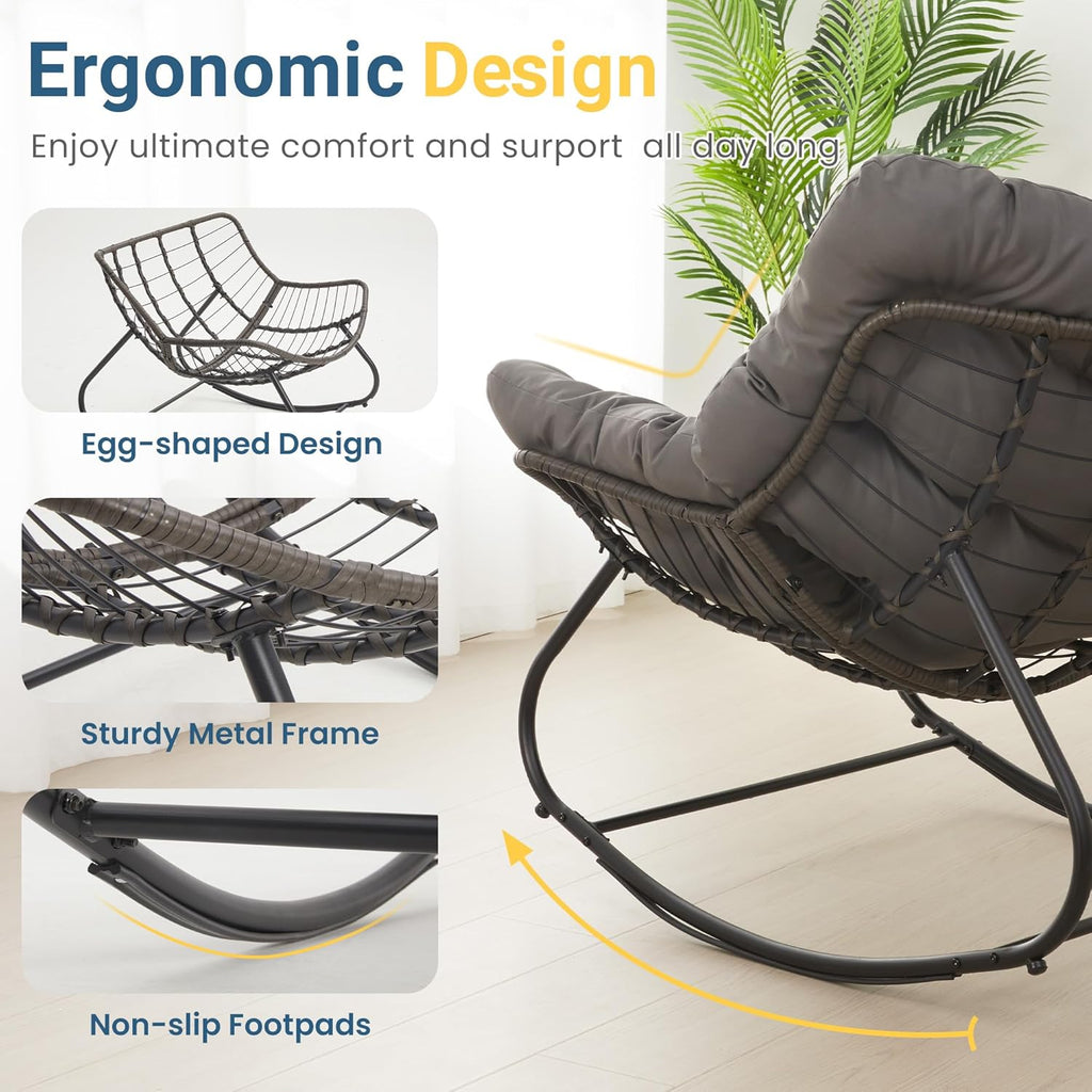 Wisteria Lane Patio Rocking Chair with Ottoman, Outdoor Indoor Rocking Egg Chair with Cushions, Metal Lounge Chair Oversized Papasan Chair, Outdoor Wicker Reading Chair for Porch Garden, Dark Grey