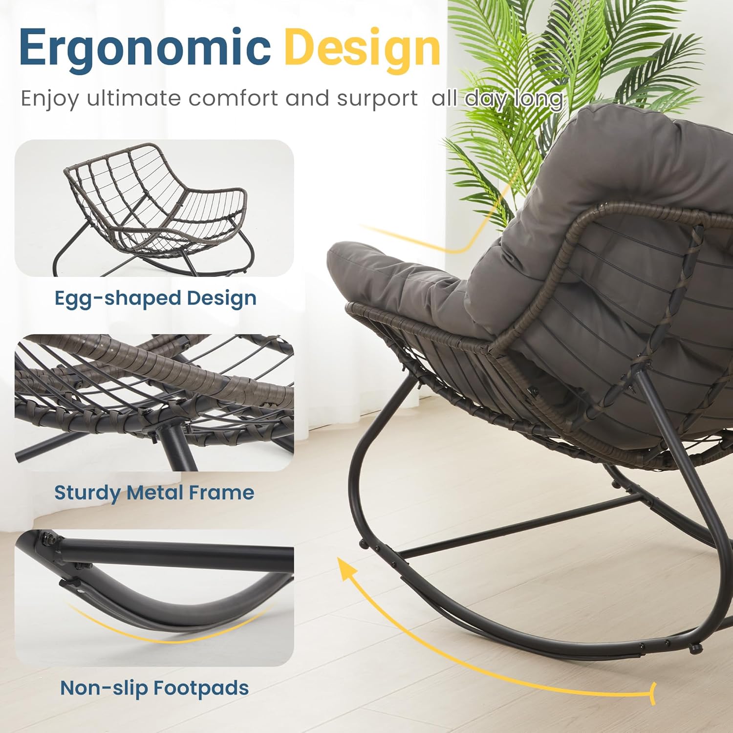 Wisteria Lane Patio Rocking Chair with Ottoman, Outdoor Indoor Rocking Egg Chair with Cushions, Metal Lounge Chair Oversized Papasan Chair, Outdoor Wicker Reading Chair for Porch Garden, Dark Grey