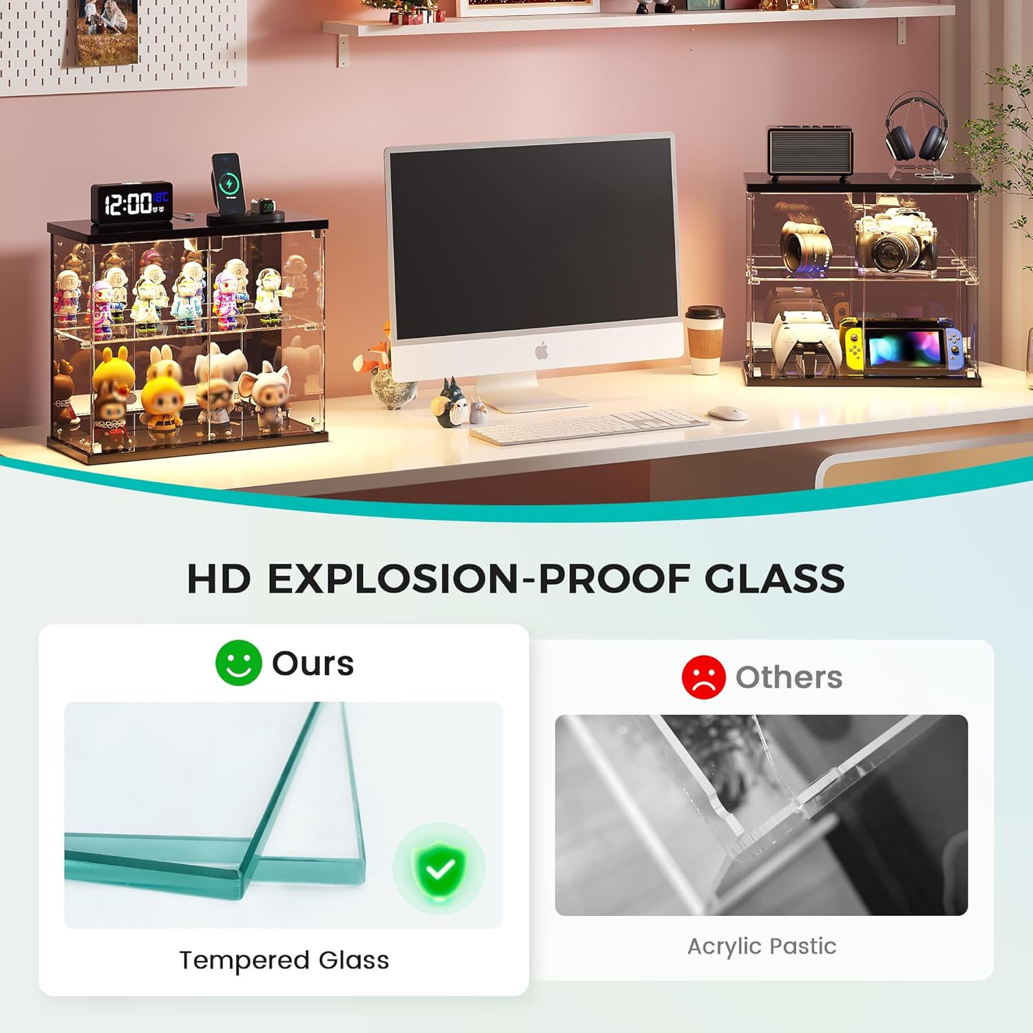 Dystler Lighted Clear Glass Display Case - for Figures & Collectibles, Small 2-Tier Display Cabinet with Charging Station, LED Display Box with Lights & Human Sensor, for Model Car, Perfume, Black