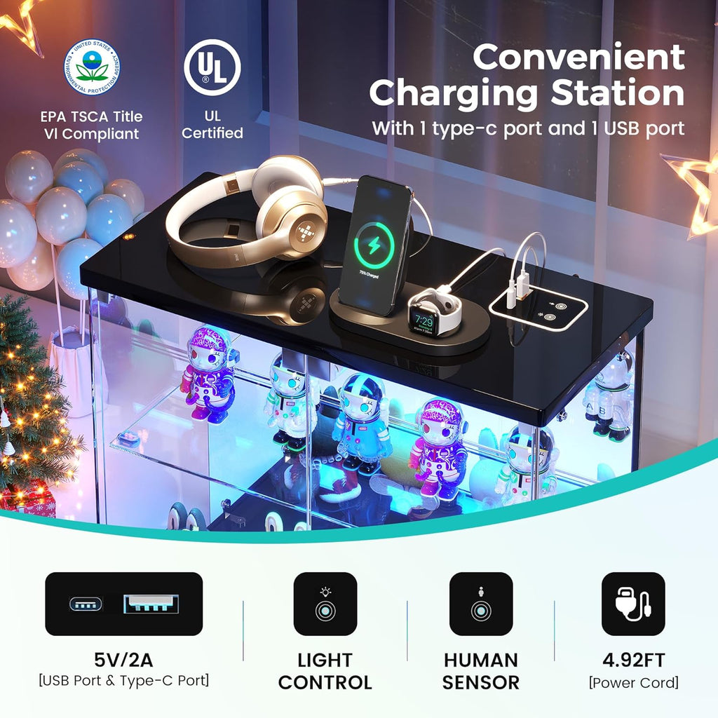 Dystler Lighted Clear Glass Display Case - for Figures & Collectibles, Small 2-Tier Display Cabinet with Charging Station, LED Display Box with Lights & Human Sensor, for Model Car, Perfume, Black