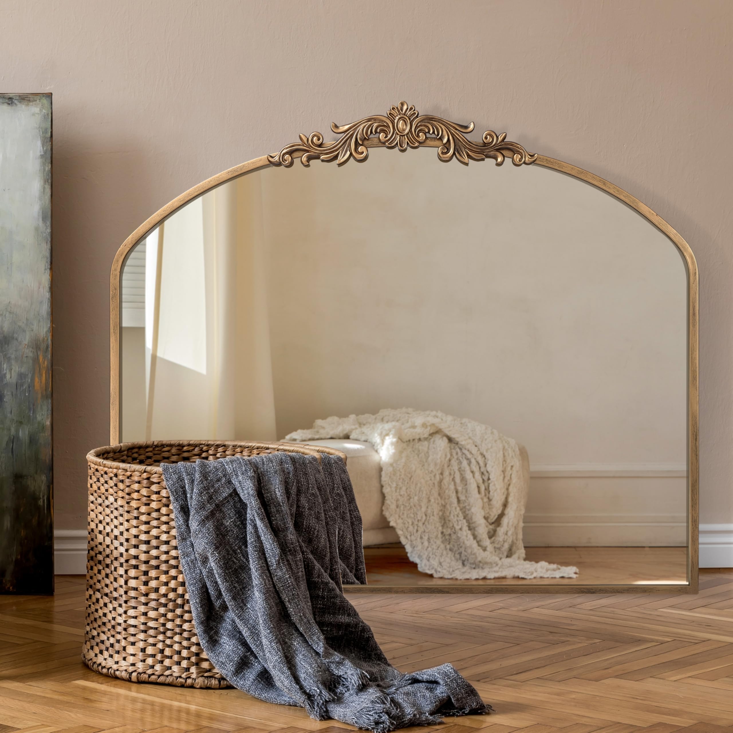PERFNIQUE Vintage Mirror, 30" X 19" Arched Antique Baroque Mirror, Gold Traditional Wall Decor, Ornate Decor Anthro Look Alike Decor for Bathroom Living Room Fireplace Entryway Mantle Hallway