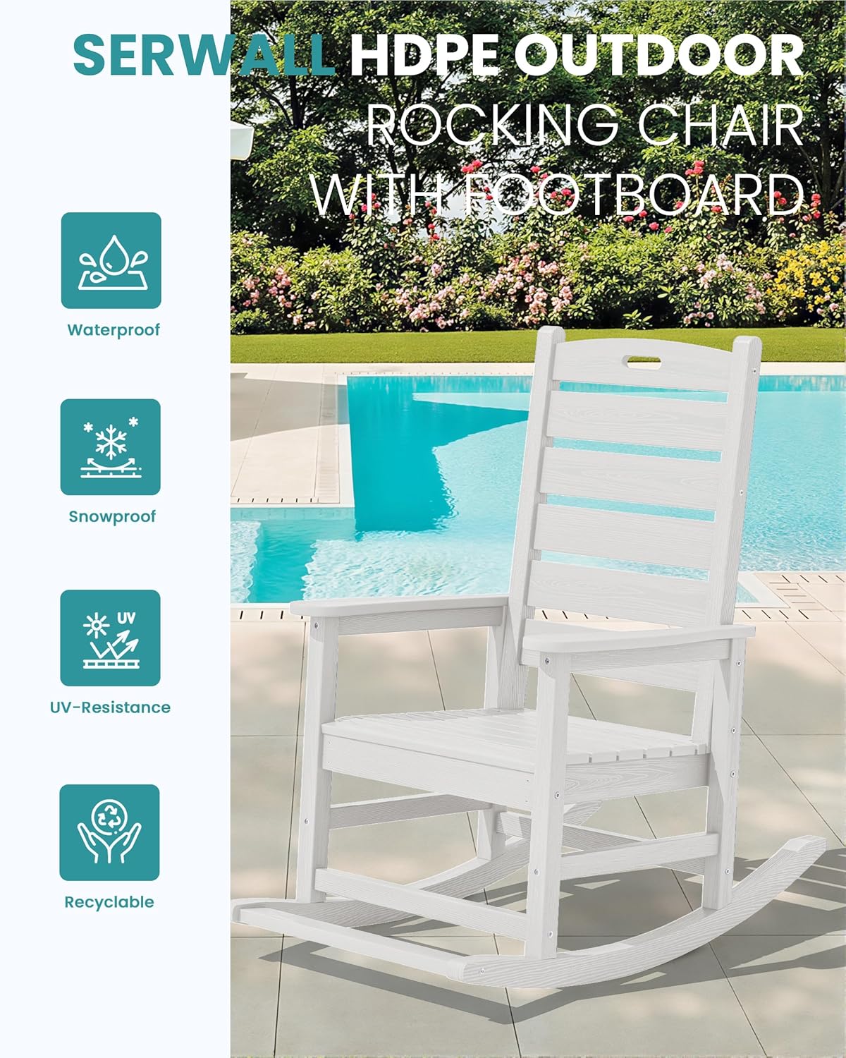 SERWALL HDPE Outdoor Rocking Chair, Oversized Rocking Chair with Footboard, High Back Porch Rocker Chair with 350lbs Support, White