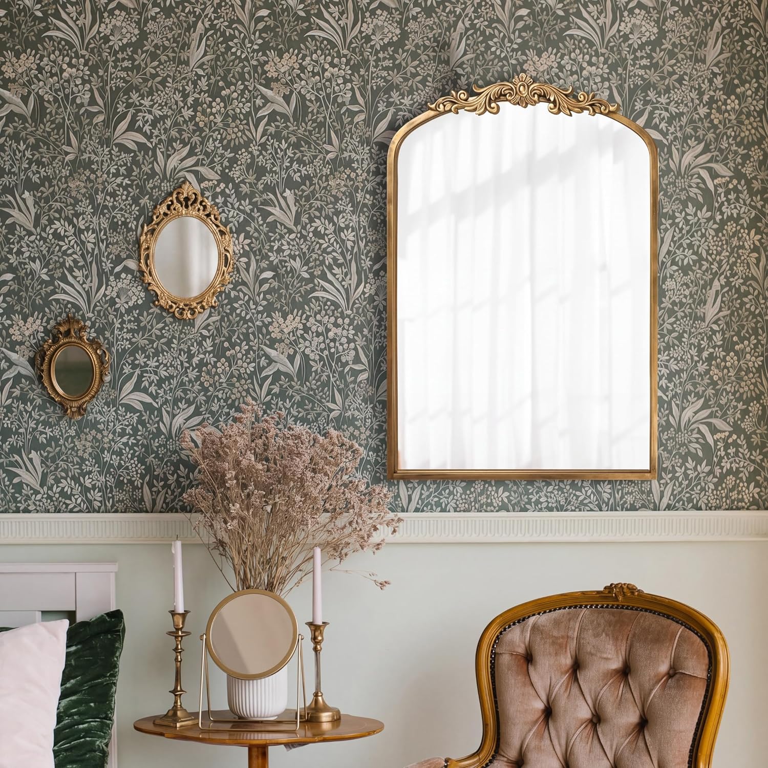 PERFNIQUE Vintage Mirror, 30" X 19" Arched Antique Baroque Mirror, Gold Traditional Wall Decor, Ornate Decor Anthro Look Alike Decor for Bathroom Living Room Fireplace Entryway Mantle Hallway